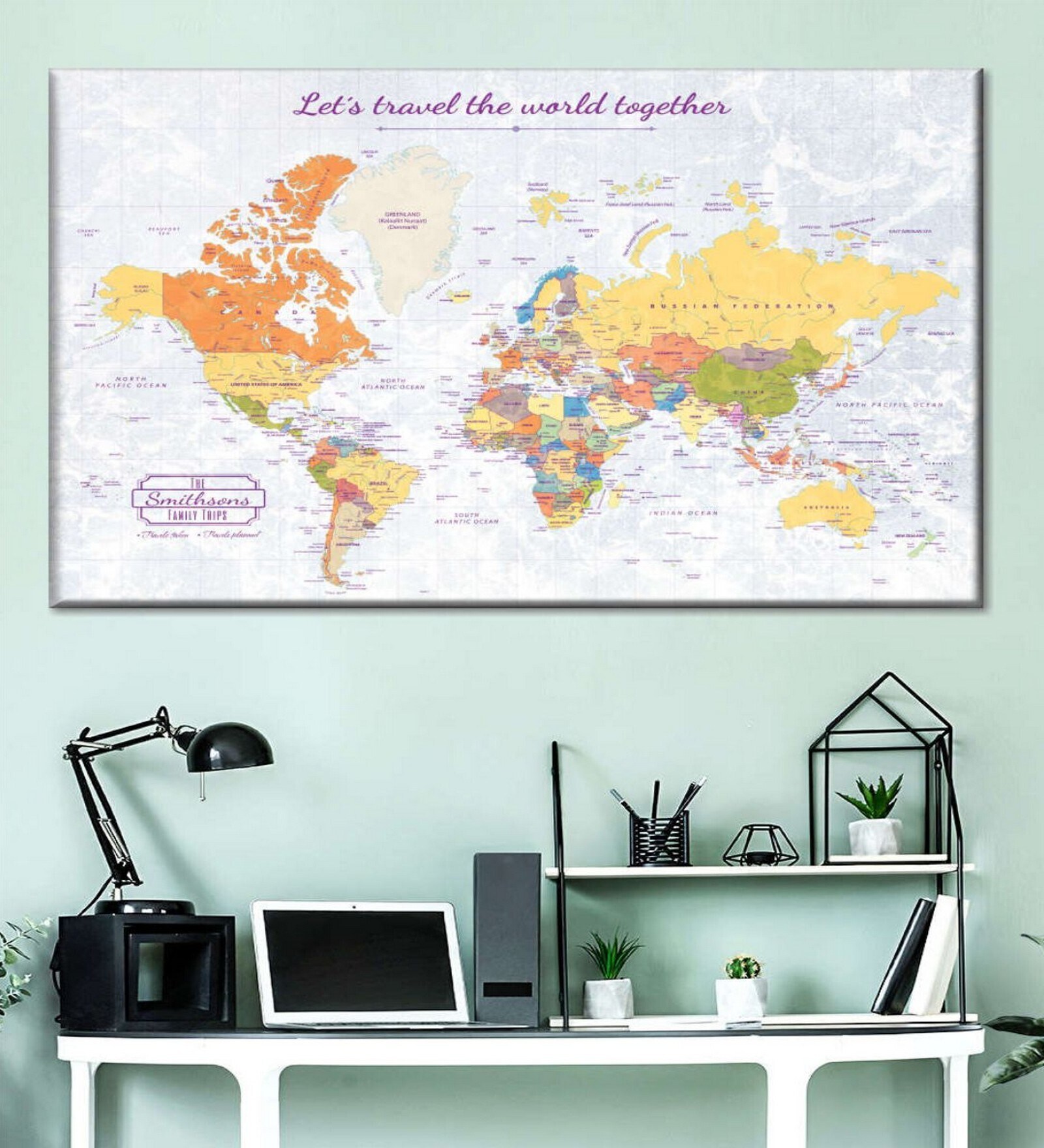 Blue Yellow World Map Wall Art
