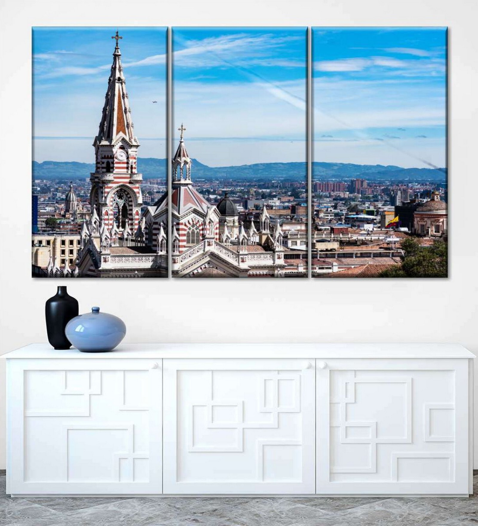 Blue Bogota Cityscape Painting Wall Art Panels ( Set Of 3)