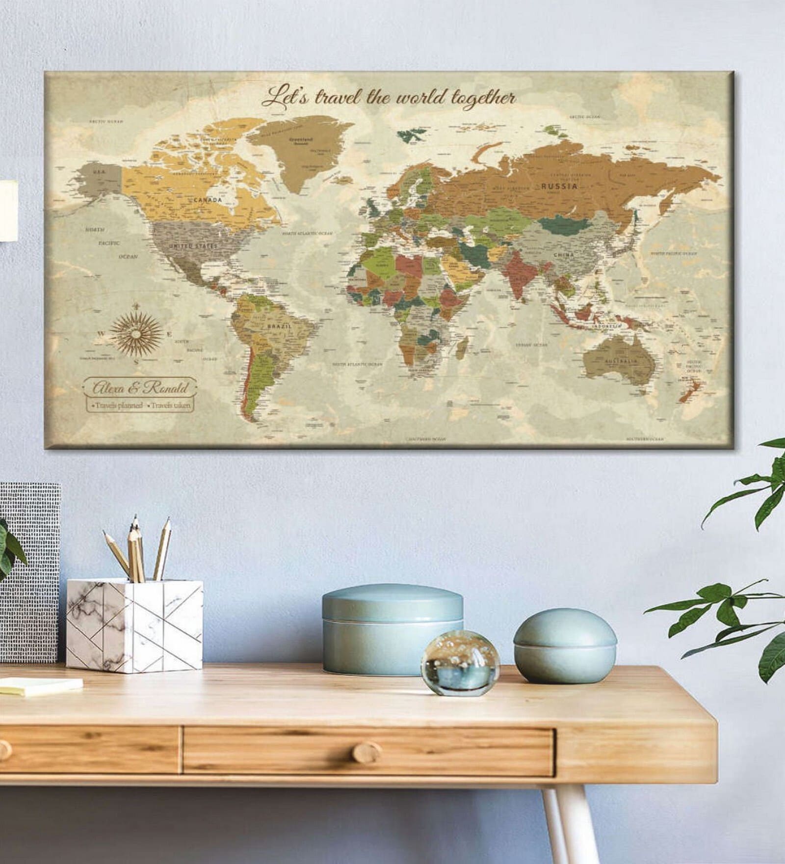 Brown Beige World Map Wall Art