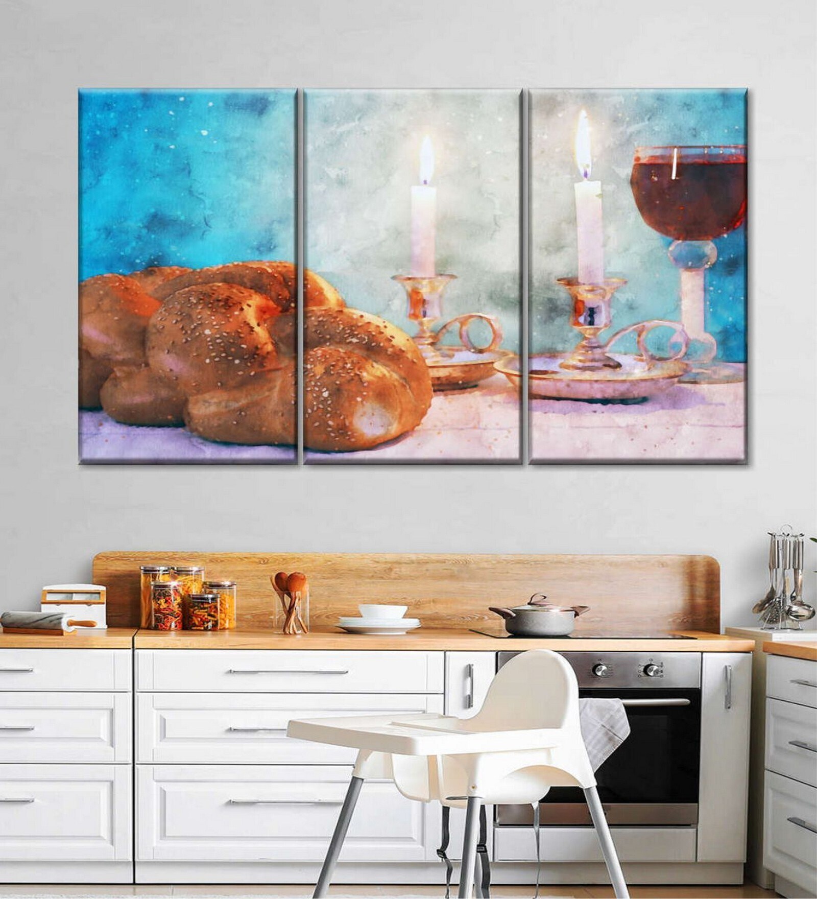 Brown Blue Challah And Wine Painting Wall Art Panels ( Set Of 3)
