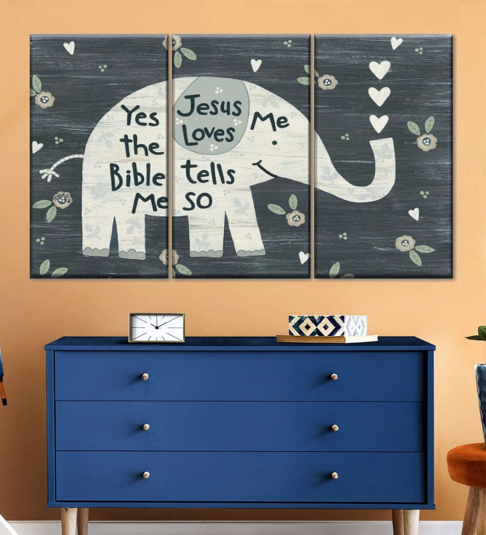 Brown Blue Jesus Loves Me Elephant Painting Wall Art Panels ( Set Of 3)