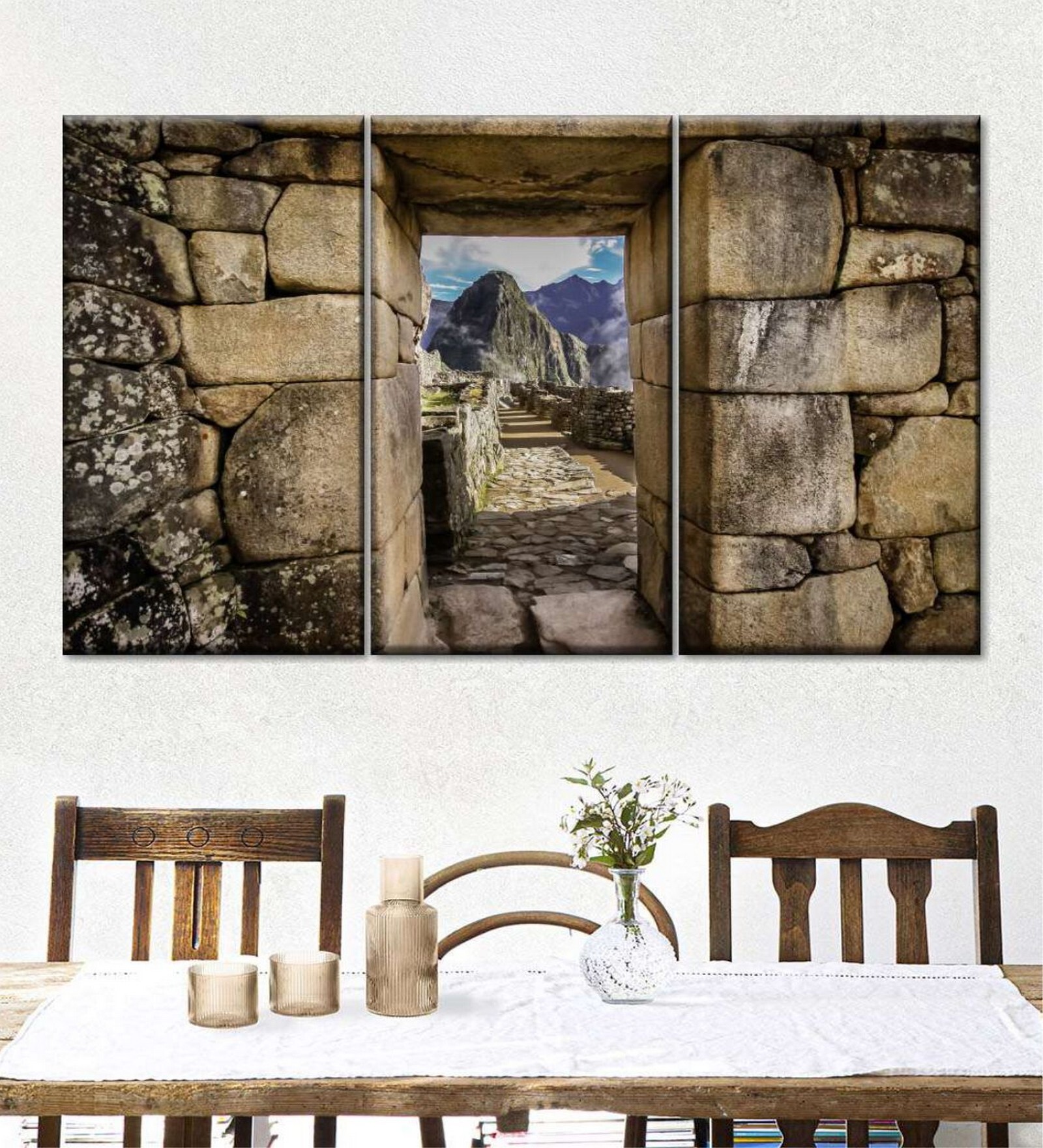 Brown Blue Machu Picchu Doorway Painting Wall Art Panels ( Set Of 3)