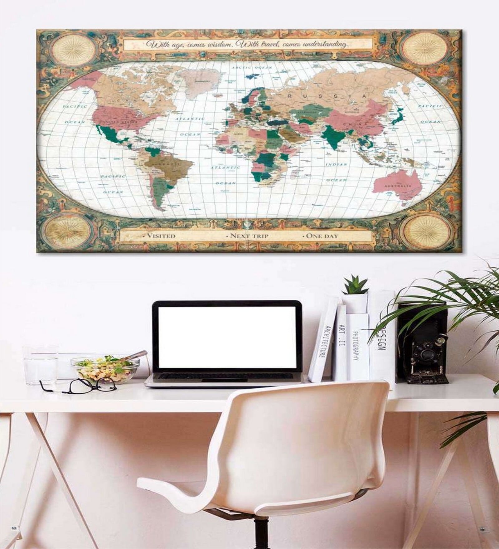 Green & Camel Brown World Map Framed Printed Wall Art