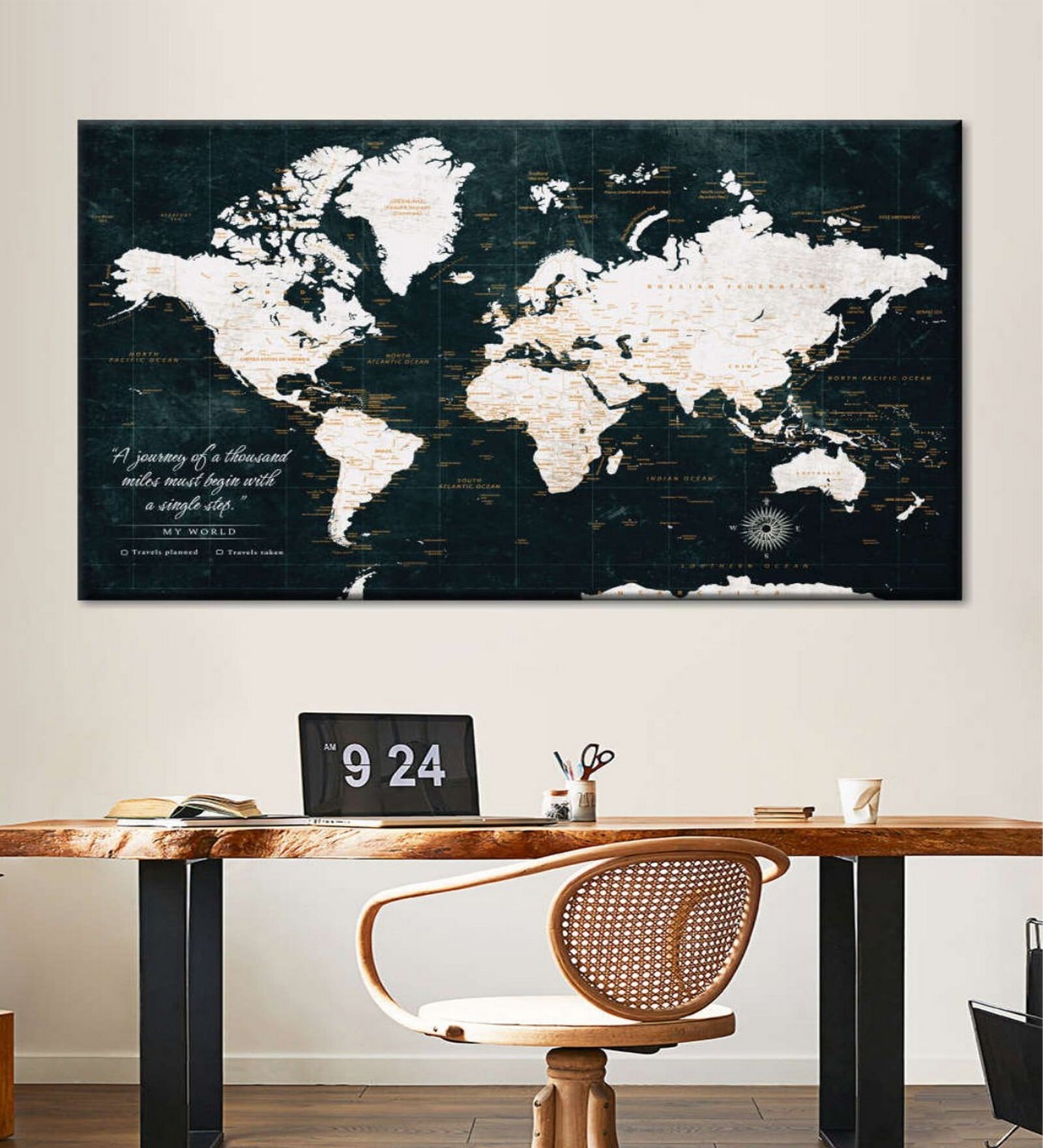 Green & White World Map Painting Wall Art
