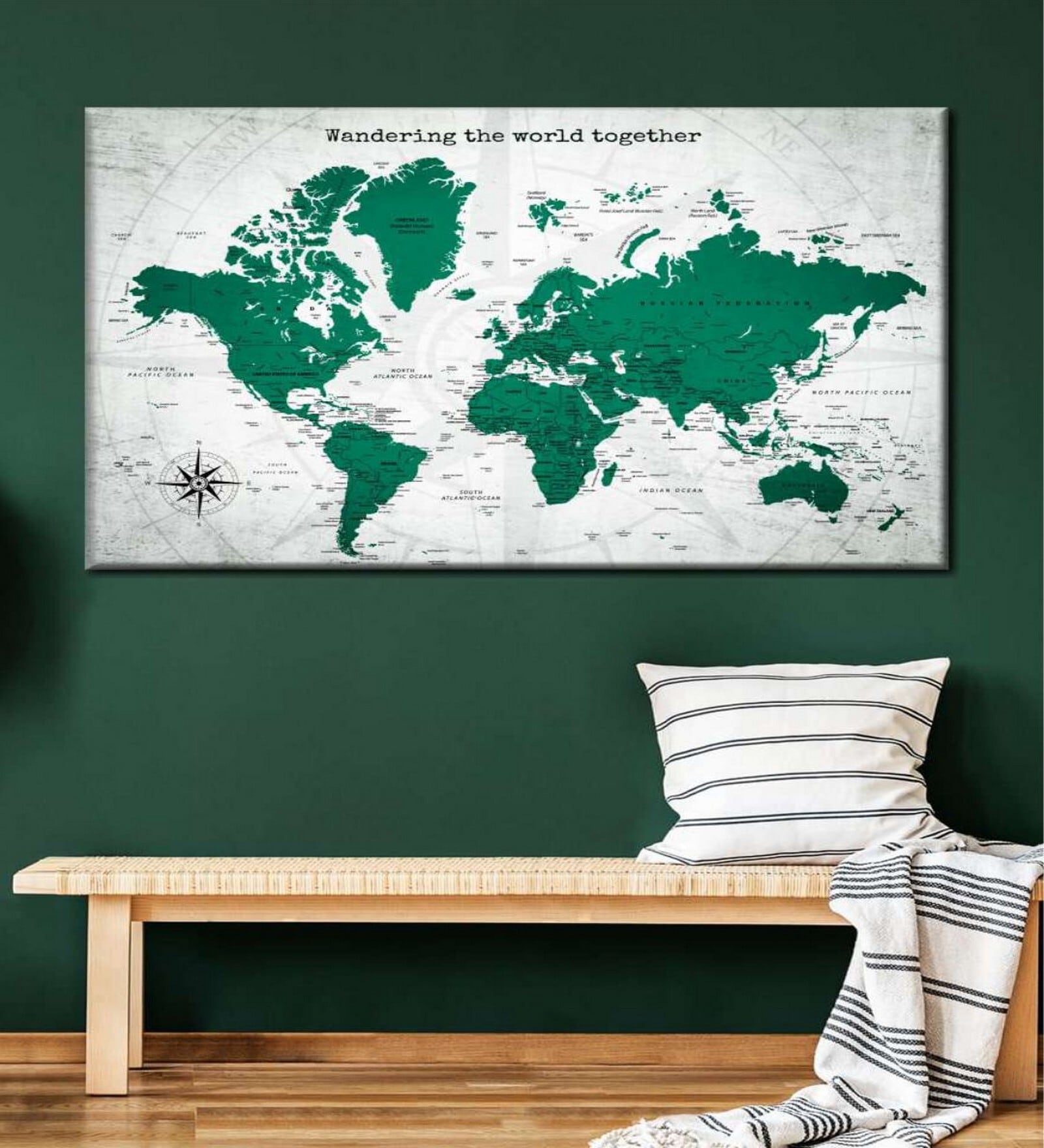 Green & White World Map Painting Wall Art