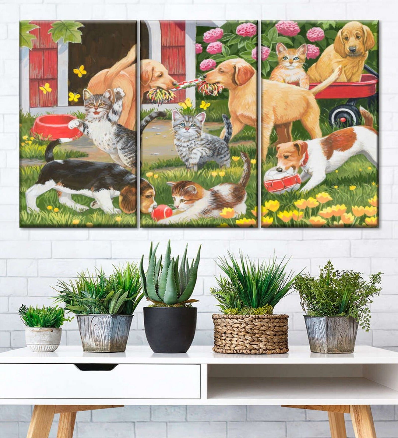 Green Beige Puppies Kittens Painting Wall Art Panels ( Set Of 3)