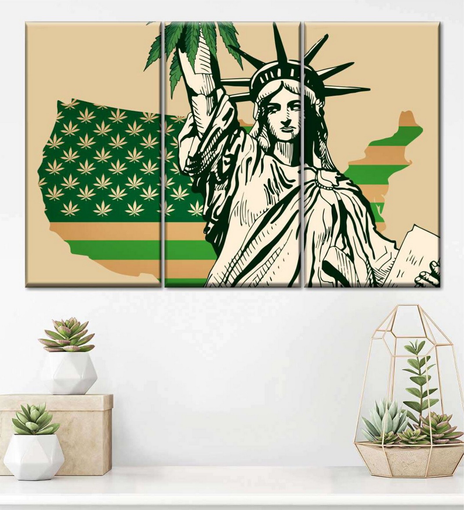 Green Beige US Flag Painting Wall Art Panels ( Set Of 3)
