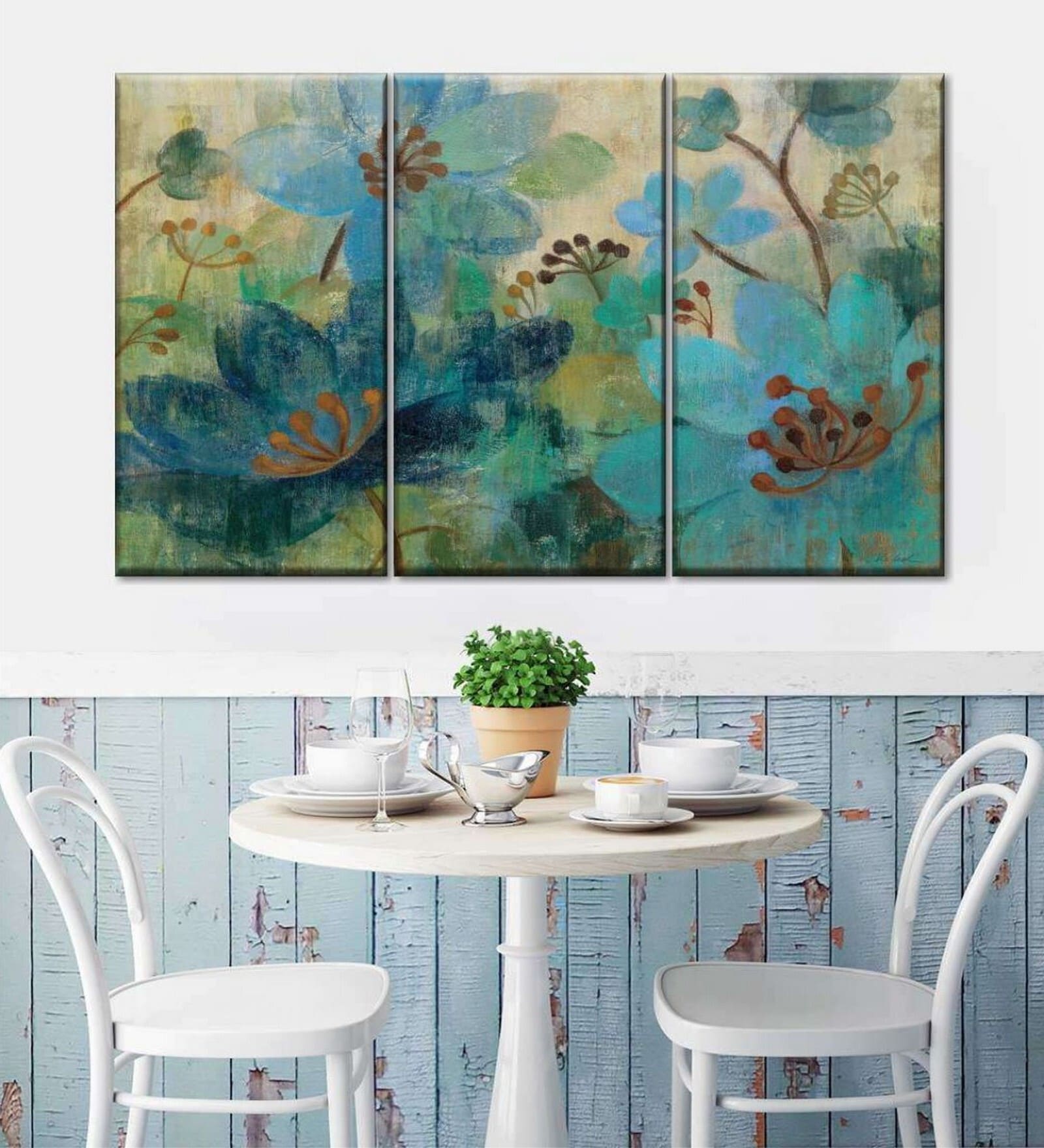 Green Blue Peacock Garden Painting Wall Art Panels ( Set Of 3)