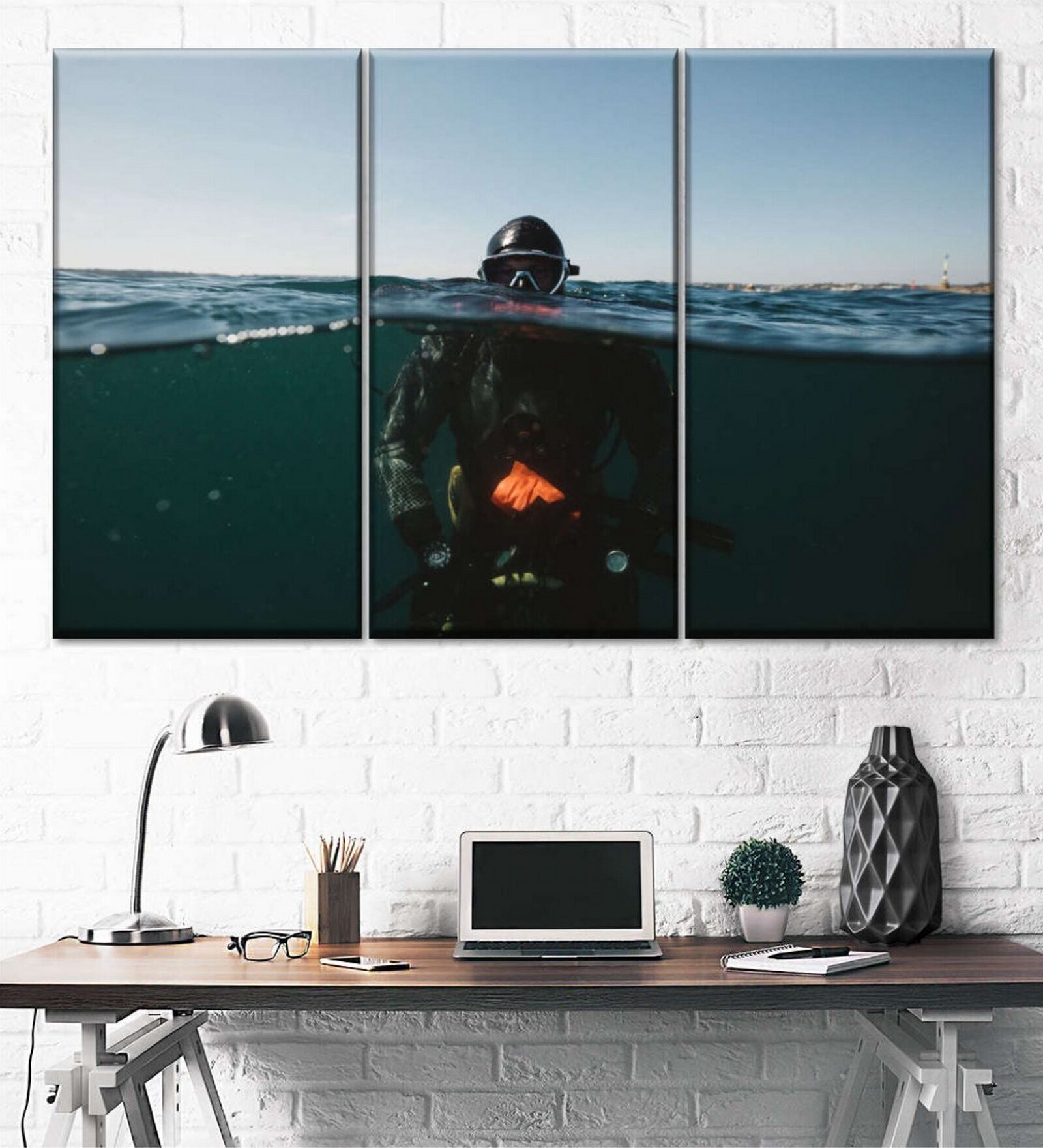 Green Blue Sea Diver Painting Wall Art Panels ( Set Of 3)