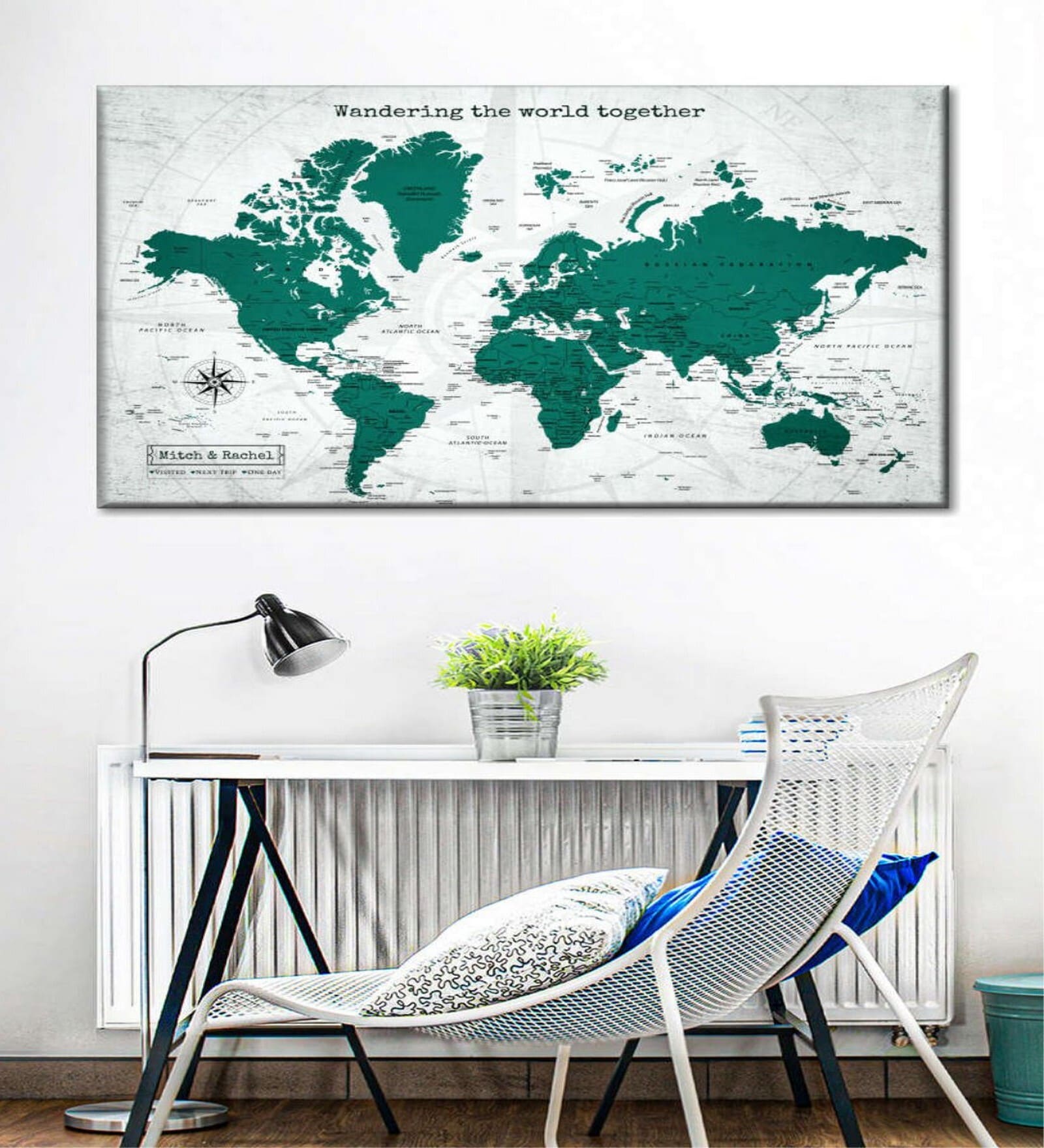 Green Grey World Map Printed Wall Art