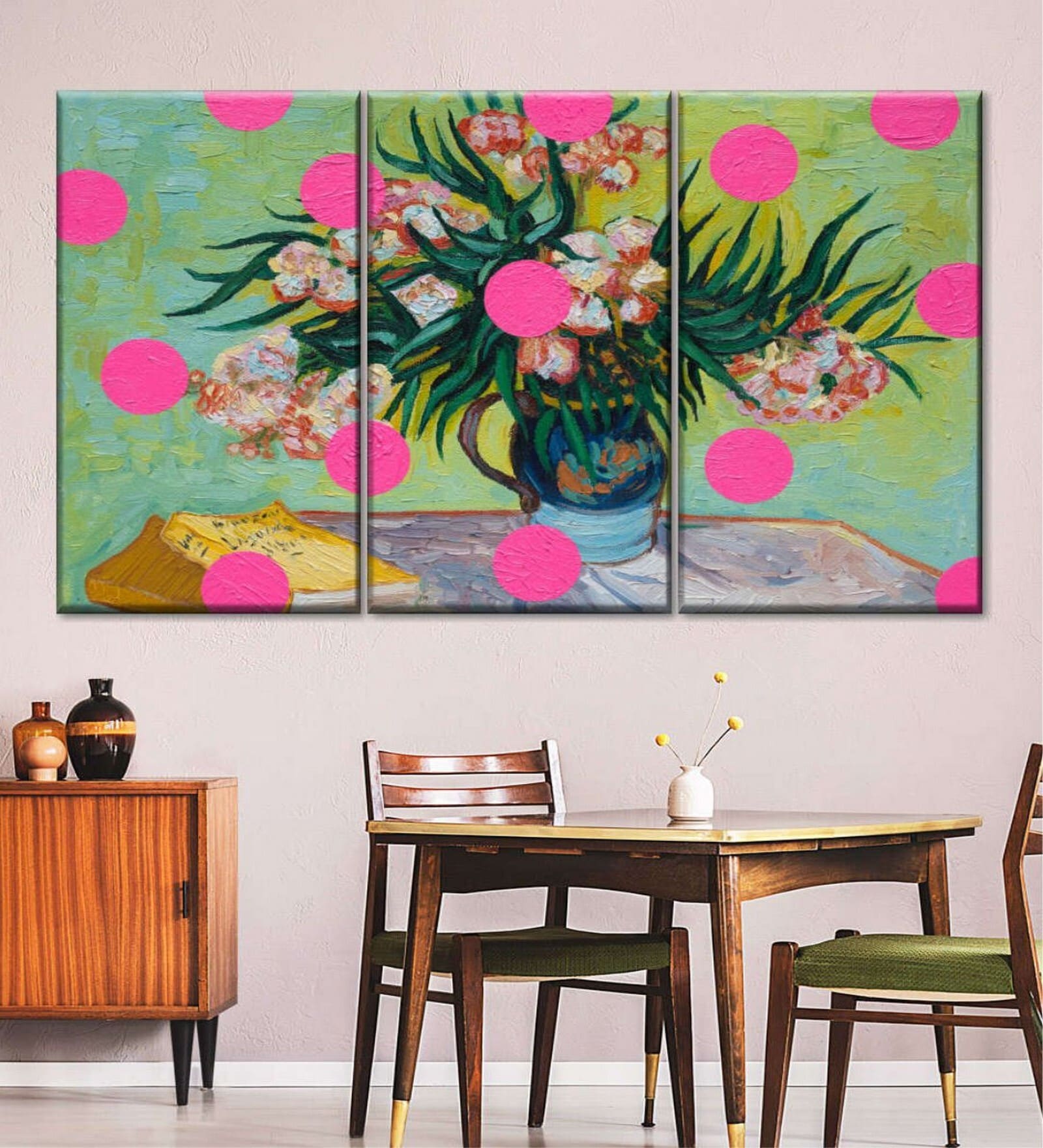 Green Pink Circles Painting Wall Art Panels ( Set Of 3)