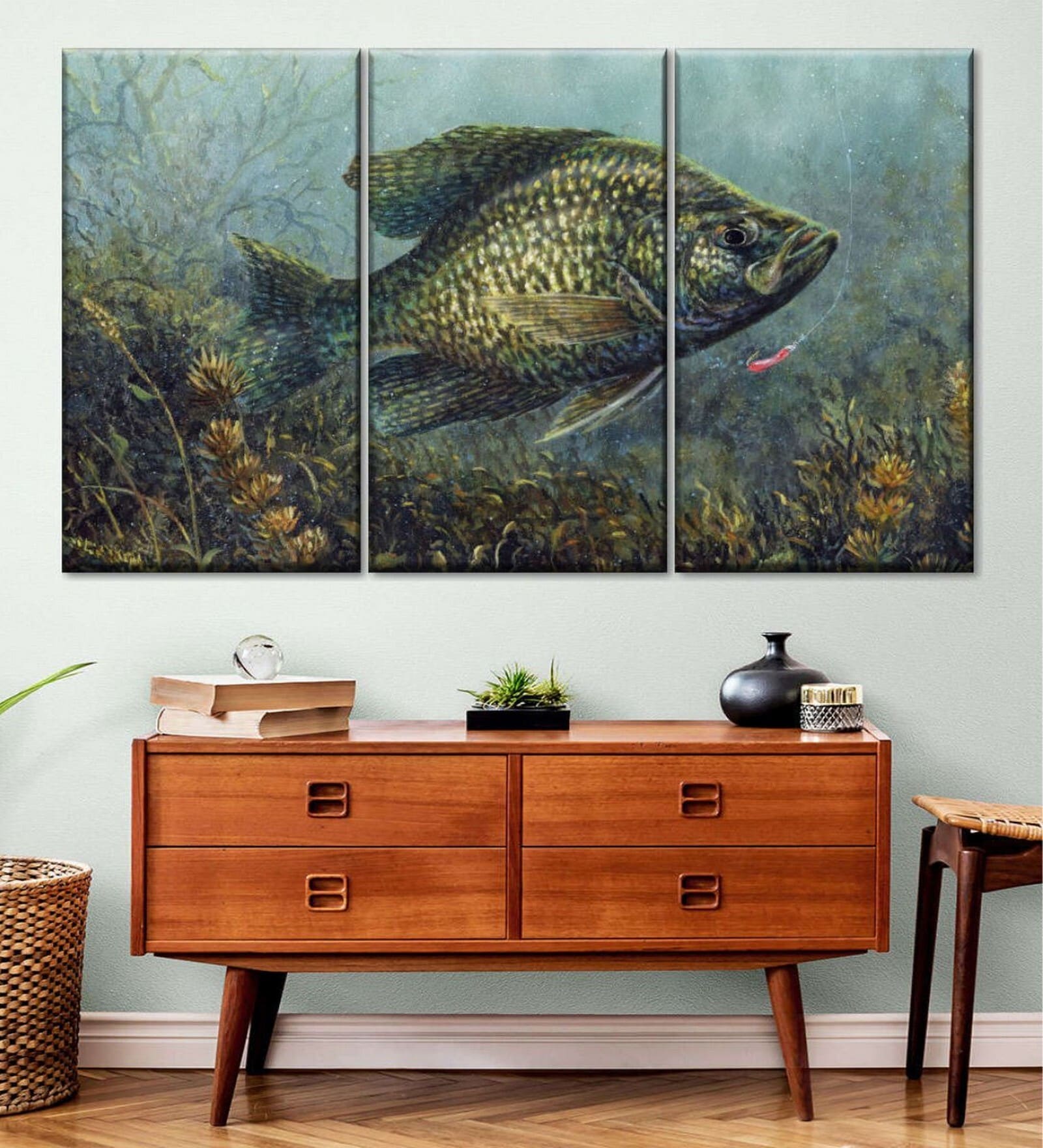 Green Black Crappie Painting Wall Art Panels ( Set Of 3)