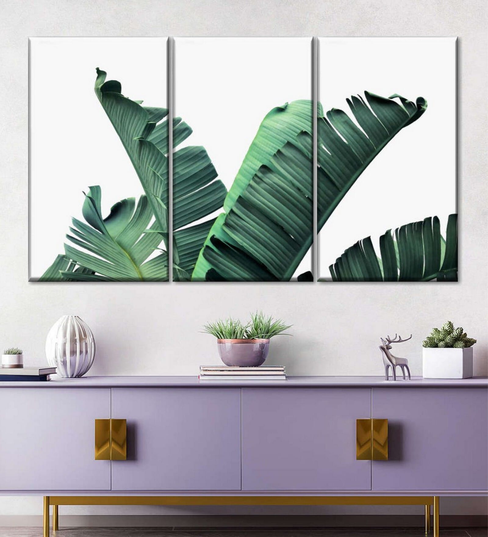 Green Thick Banana Leaves Printed Framed Wall Art Panels ( Set Of 3)
