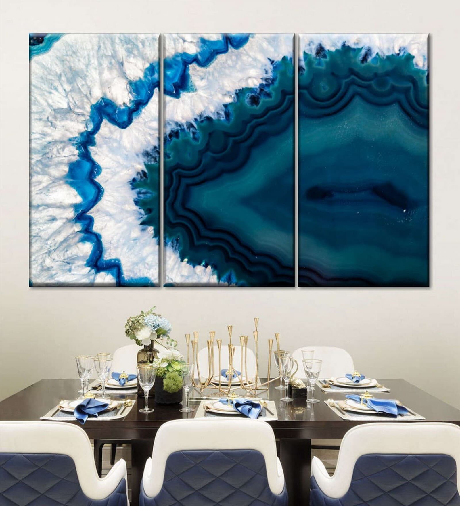 Grey Blue Amethyst Geode Macro Painting Wall Art Panels ( Set Of 3)