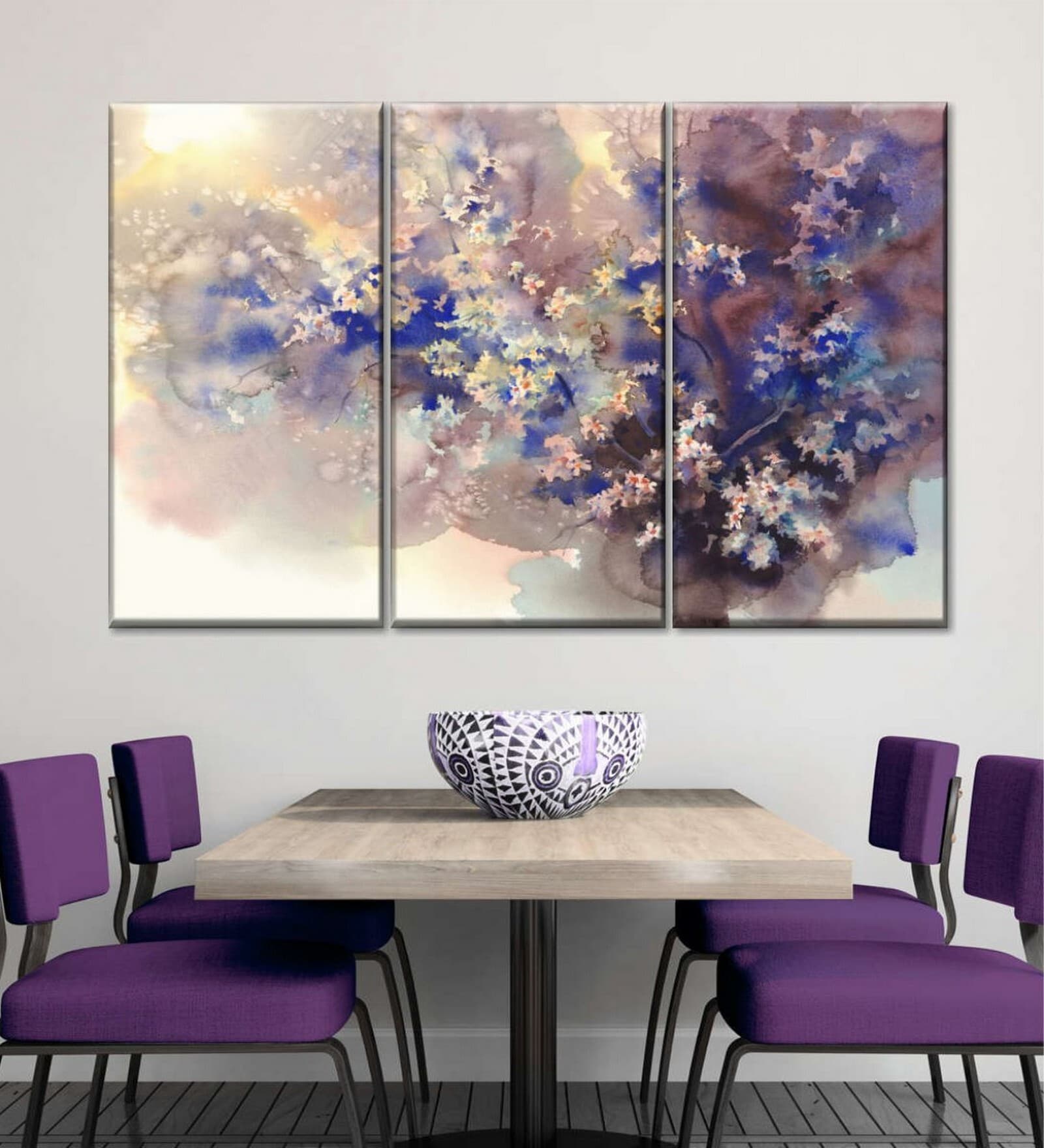 Grey Blue Cherry Floral Abstract Wall Art Panels ( Set Of 3)