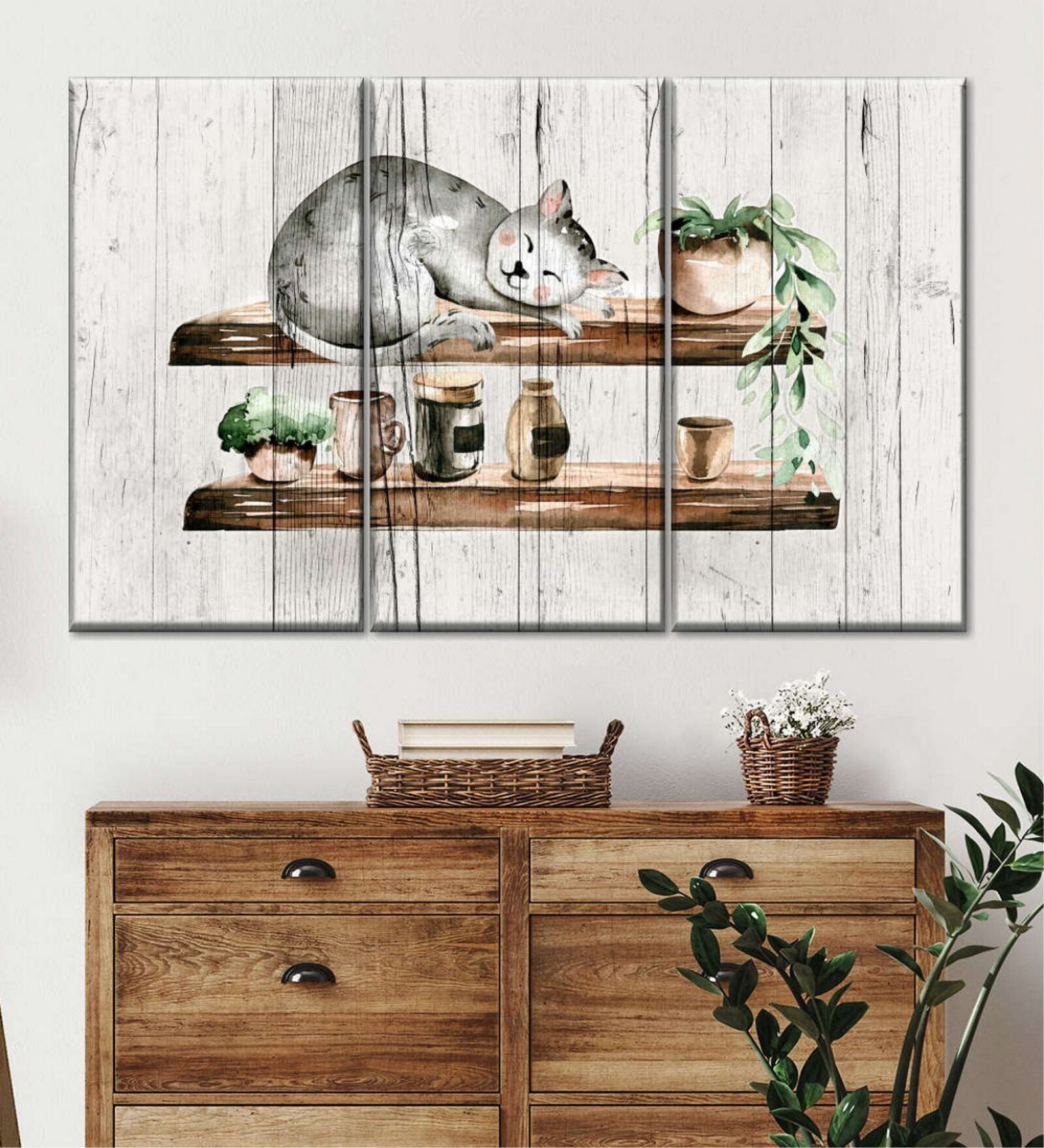 Grey Green Sleepy Cat On Wood Wall Art Panels ( Set Of 3)