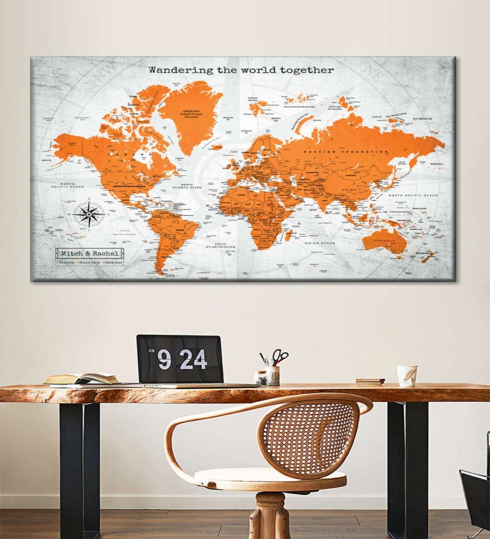 Grey Orange Coloured World Map Printed Wall Art