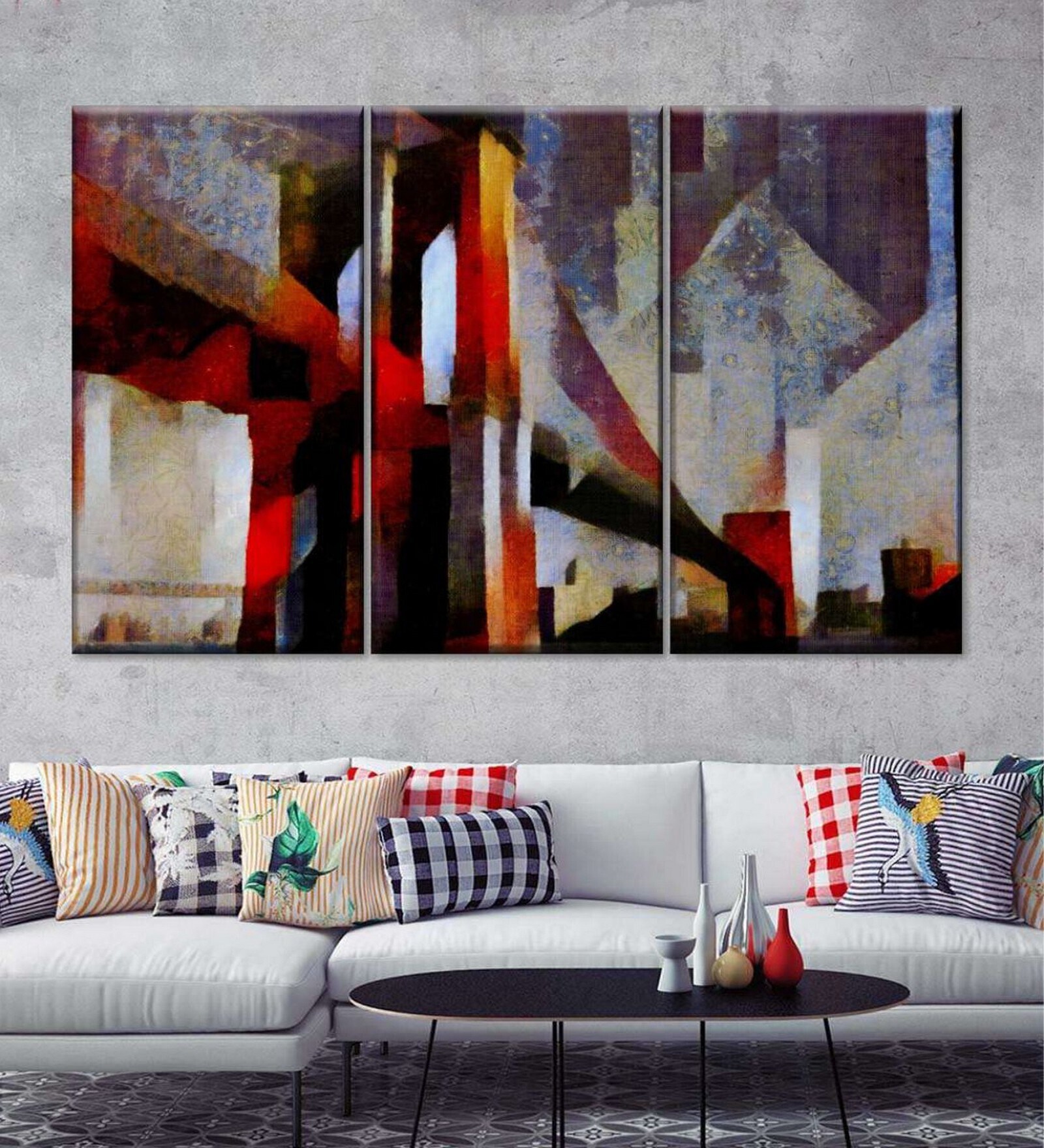 Grey Red Bridge Painting Wall Art Panels ( Set Of 3)