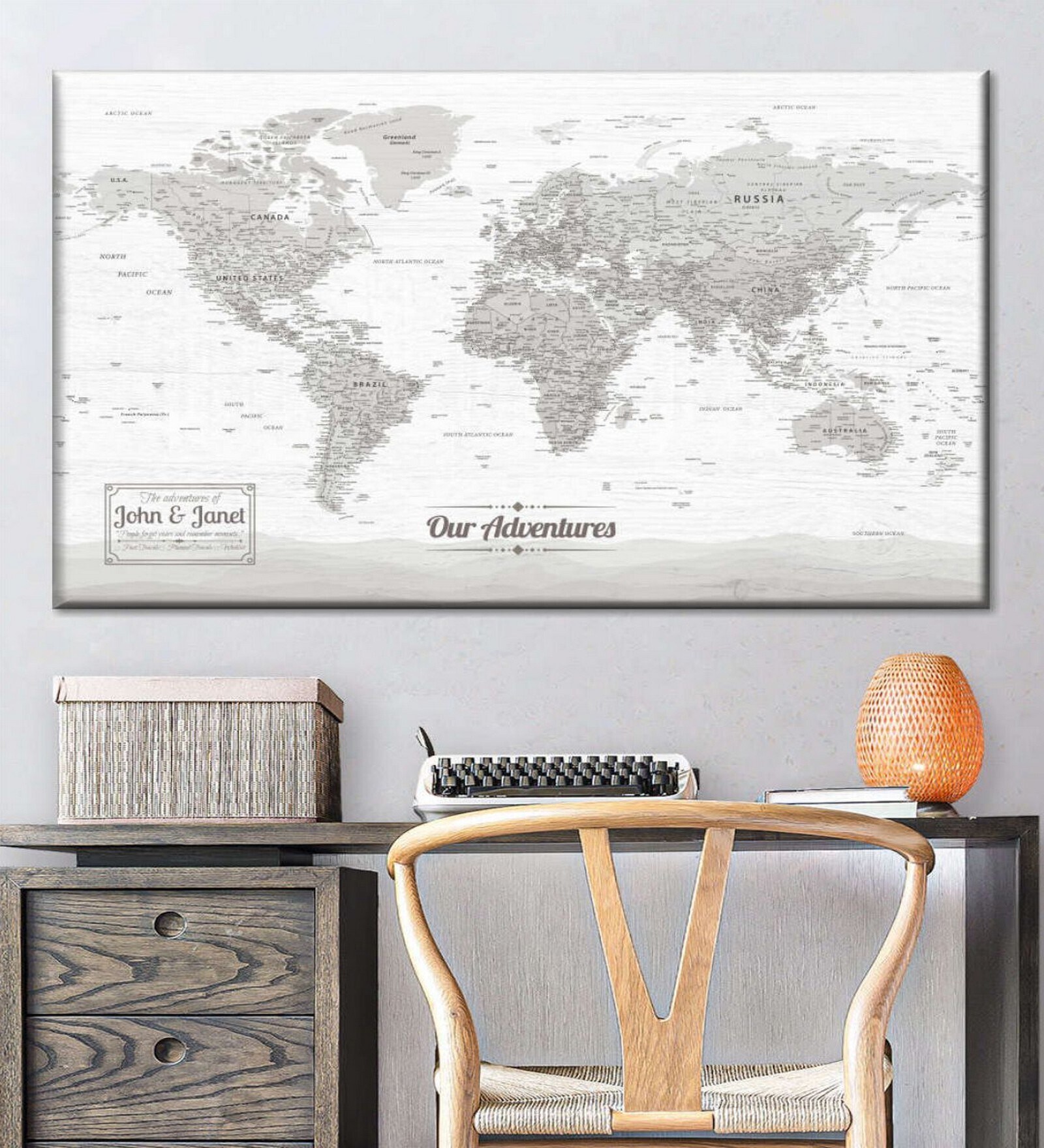 Grey White World Map Printed Framed Wall Art