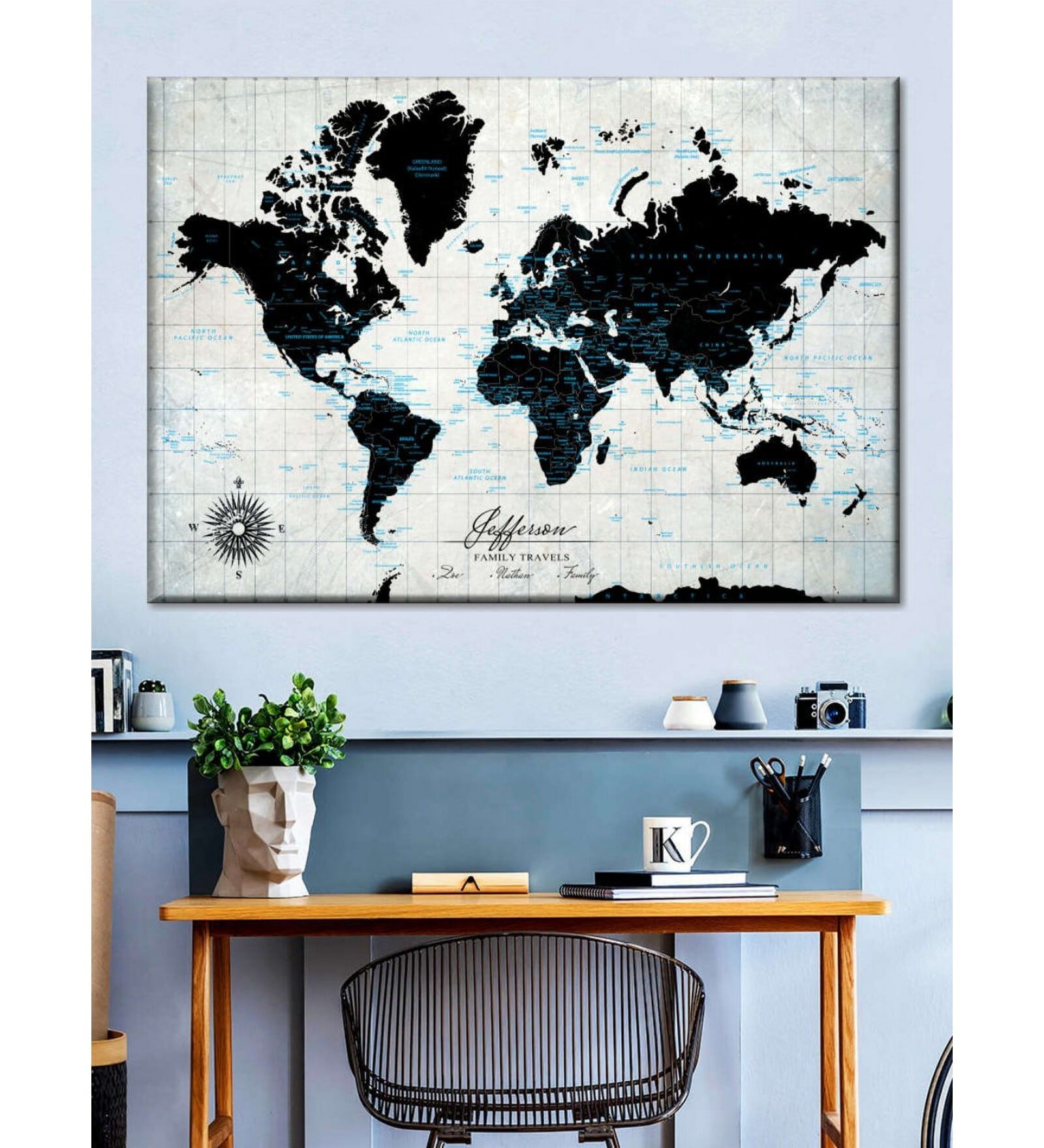 Off White Black World Map Printed Wall Art