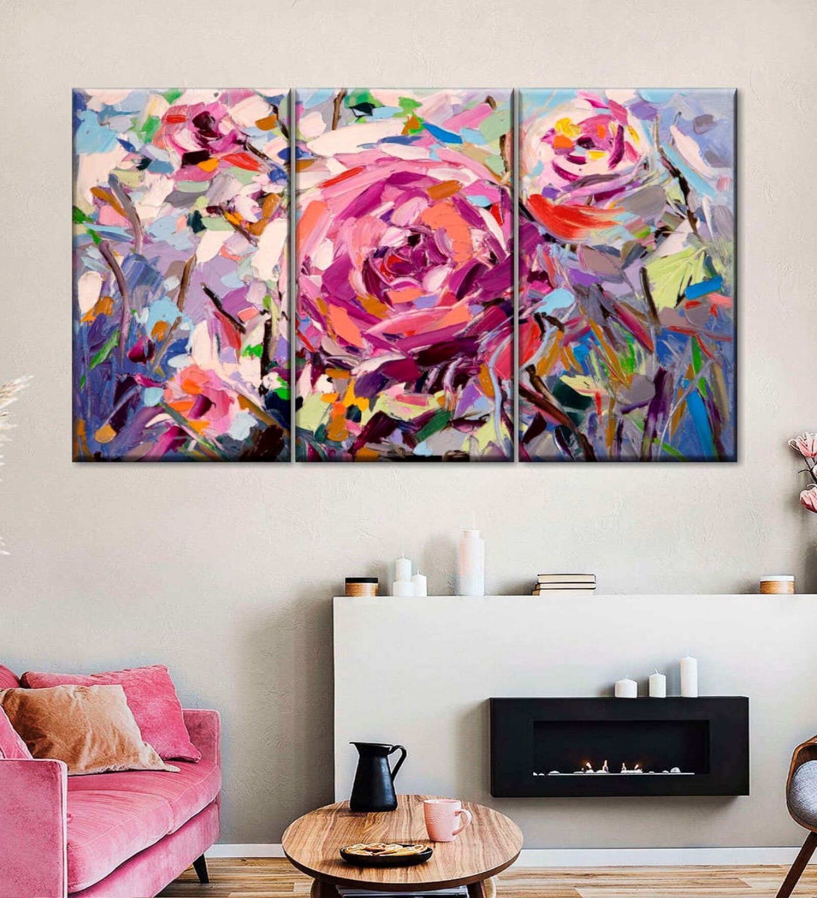 Pink & Blue The Scent Of Roses Painting Wall Art Panels ( Set Of 3)