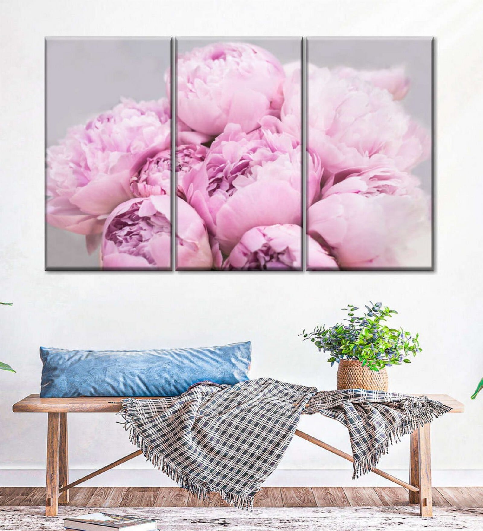 Pink Grey Peonies Painting Wall Art Panels ( Set Of 3)