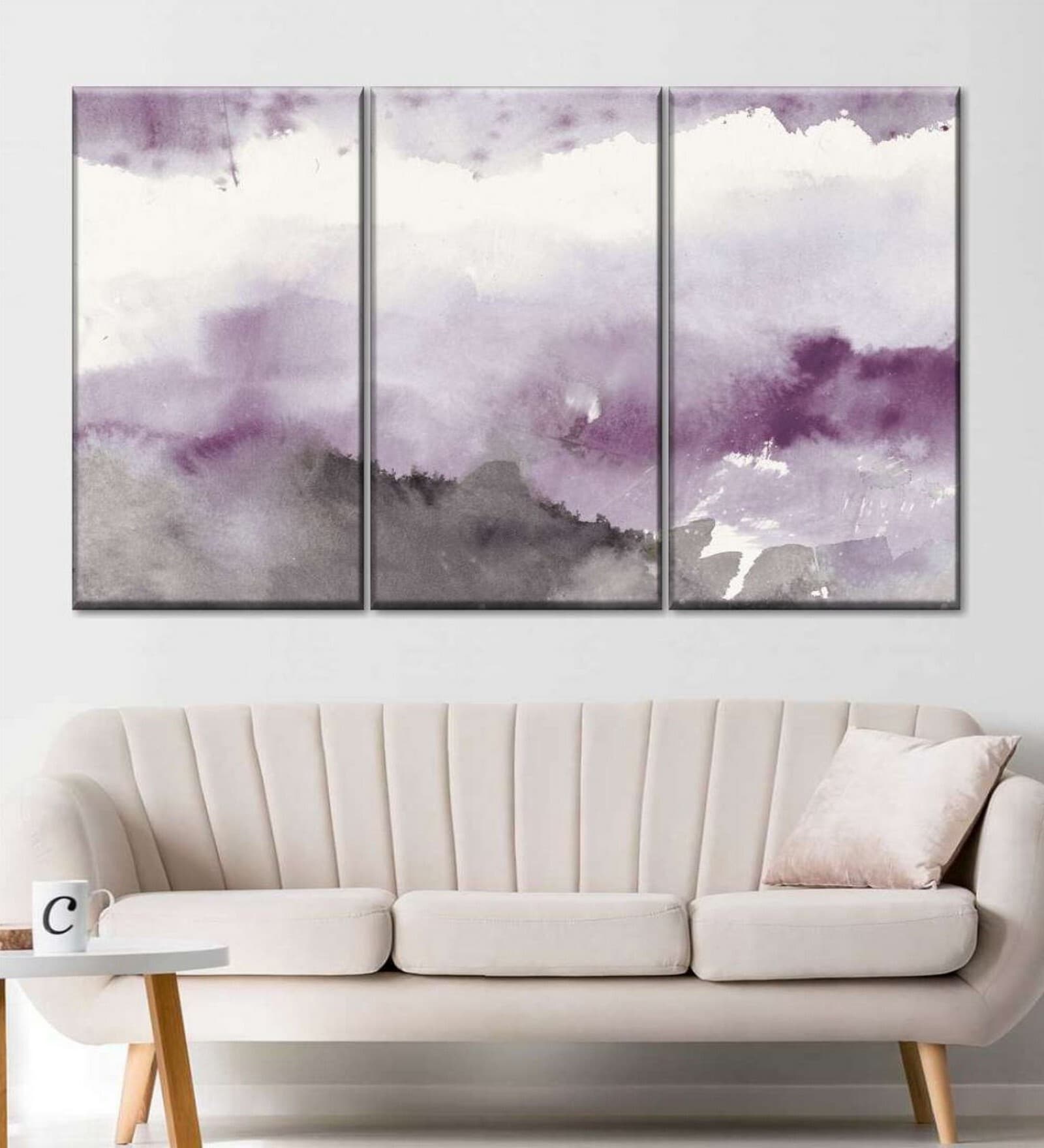 Purple Grey Lake Amethyst Painting Wall Art Panels ( Set Of 3)