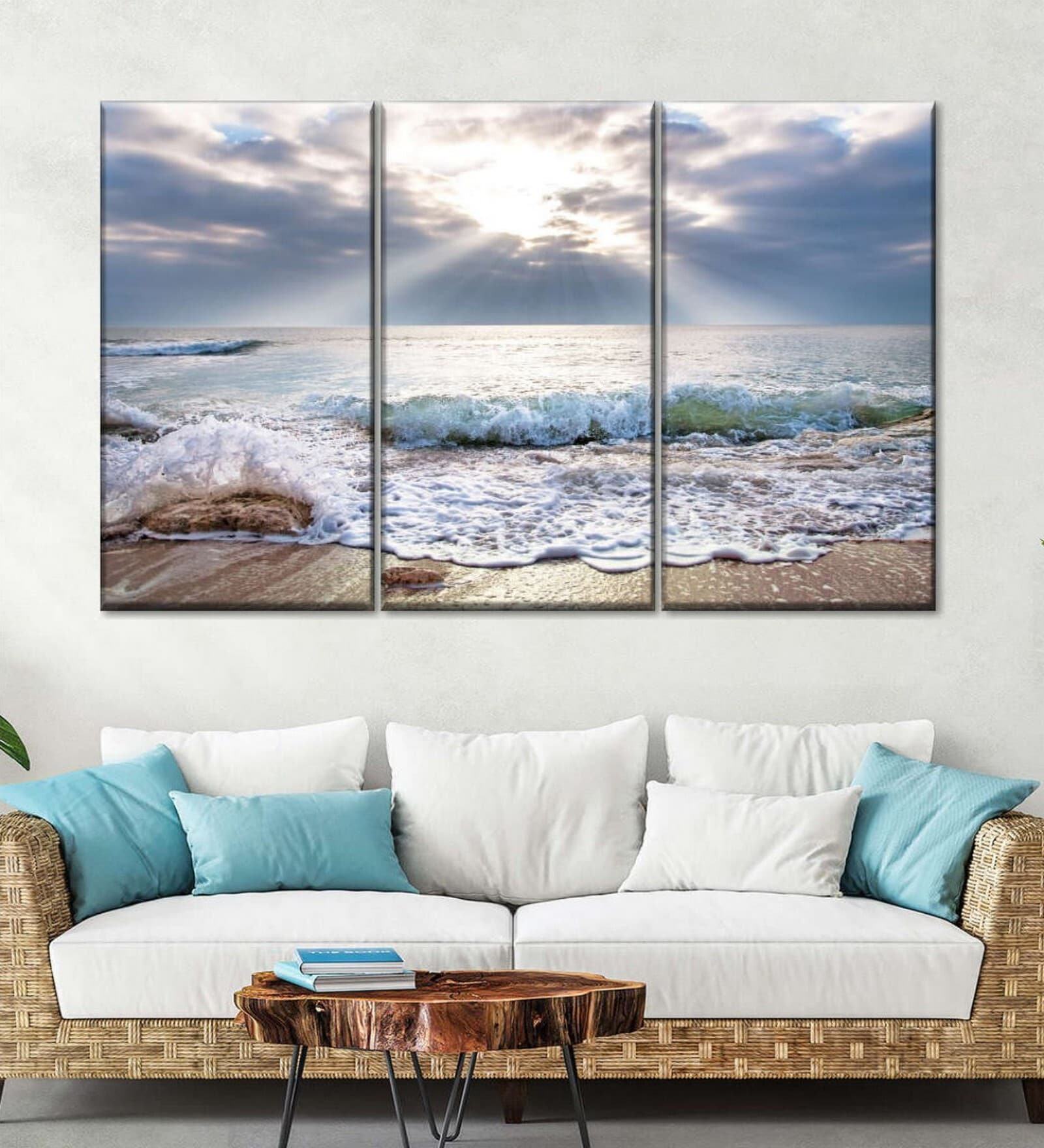 Blue Seascape Sunset triptych Painting Wall Art Panels ( Set Of 3)
