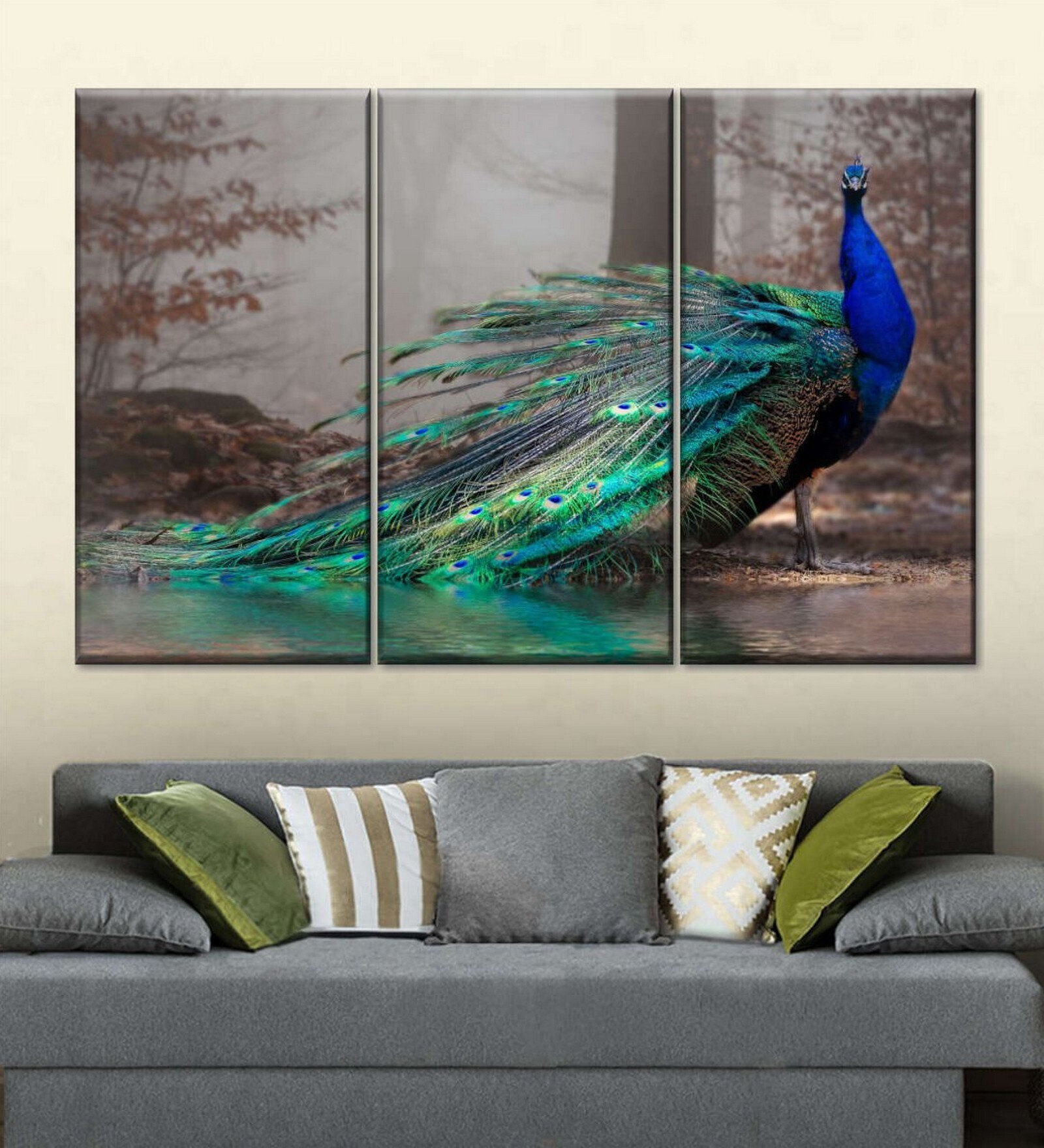 Green Blue Peacock Printed Wall Art Panels ( Set Of 3)