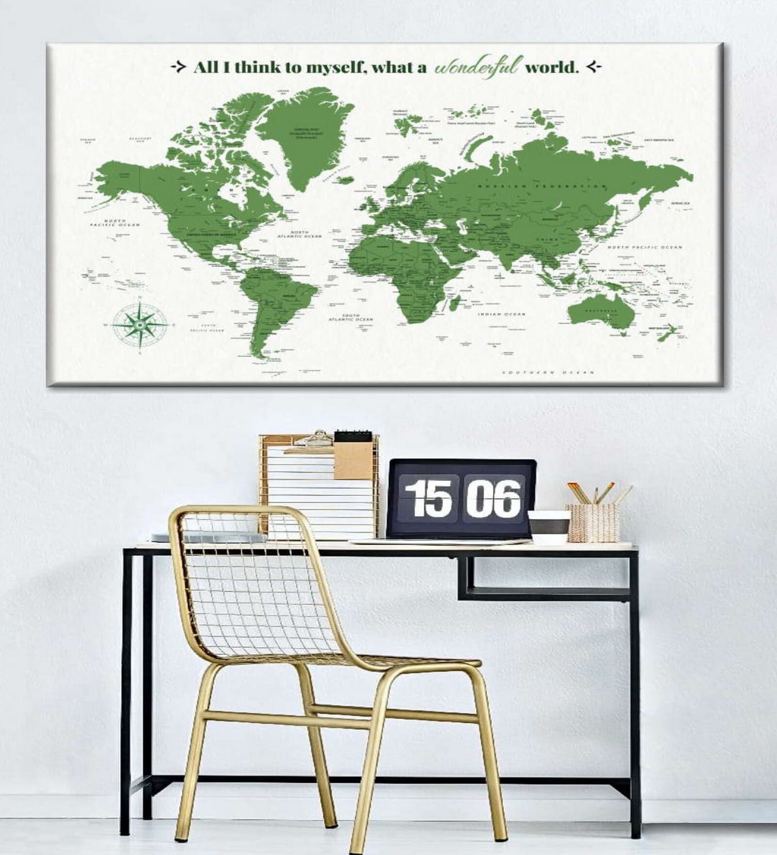 White & Green World Map Wall Art