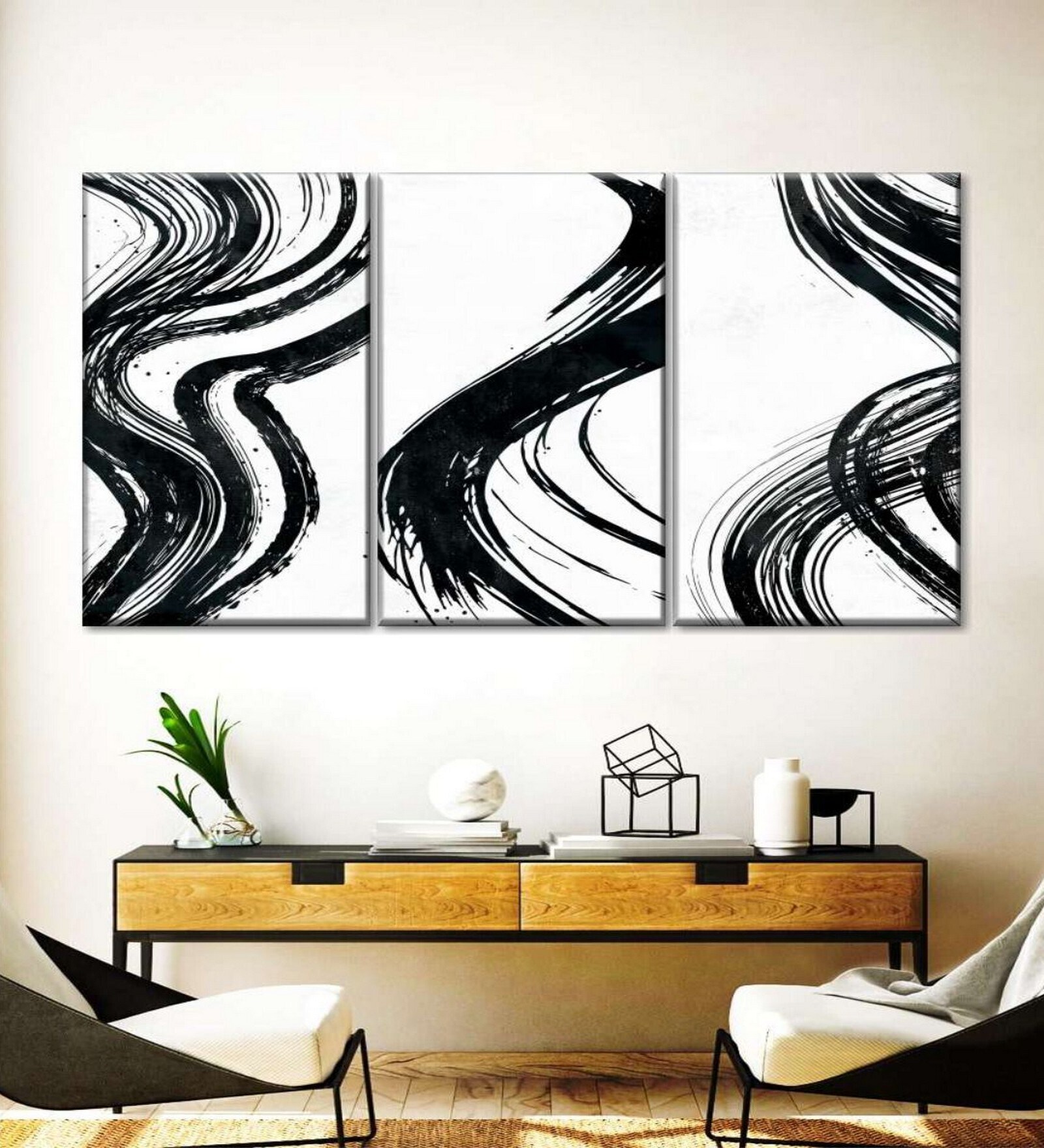 White Black Wispy Black Brush Strokes Wall Art Panels ( Set Of 3)