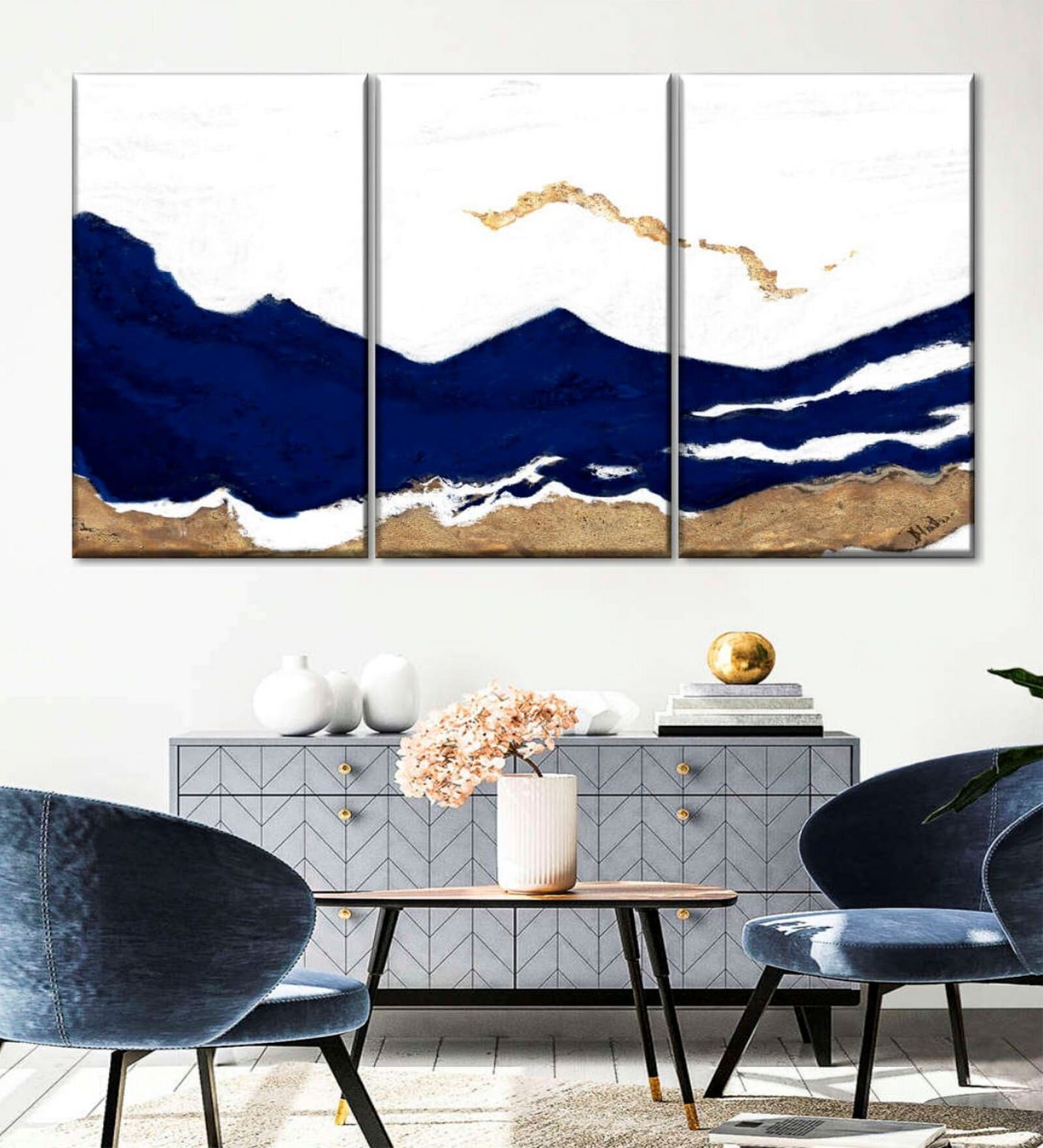 White Blue Painting Wall Art Panels ( Set Of 3)