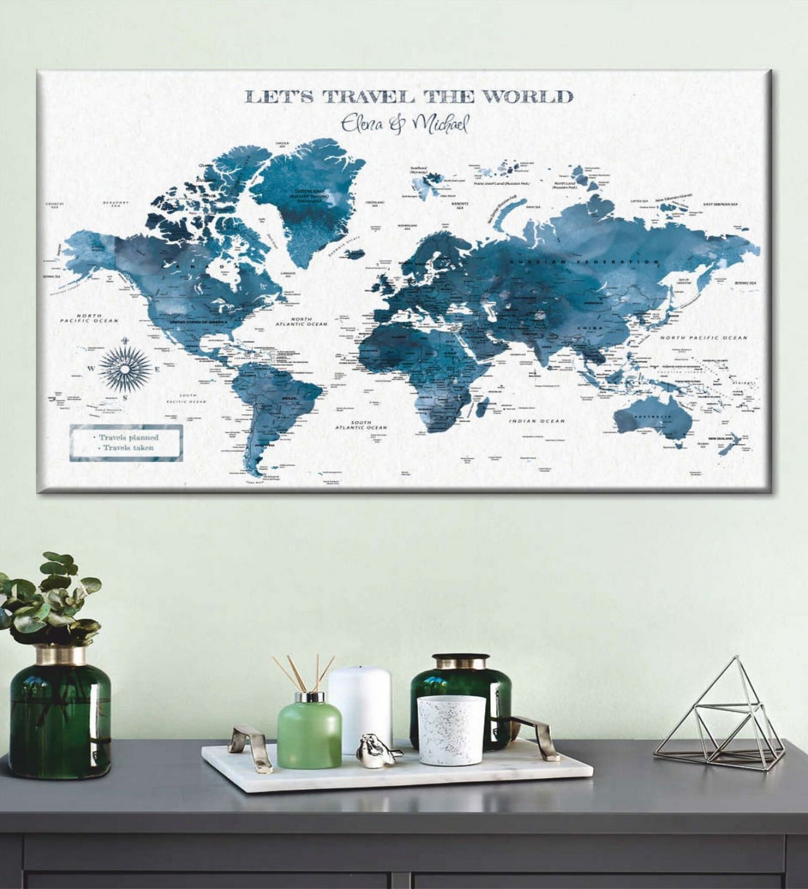 White Blue World Map Printed Framed Wall Art