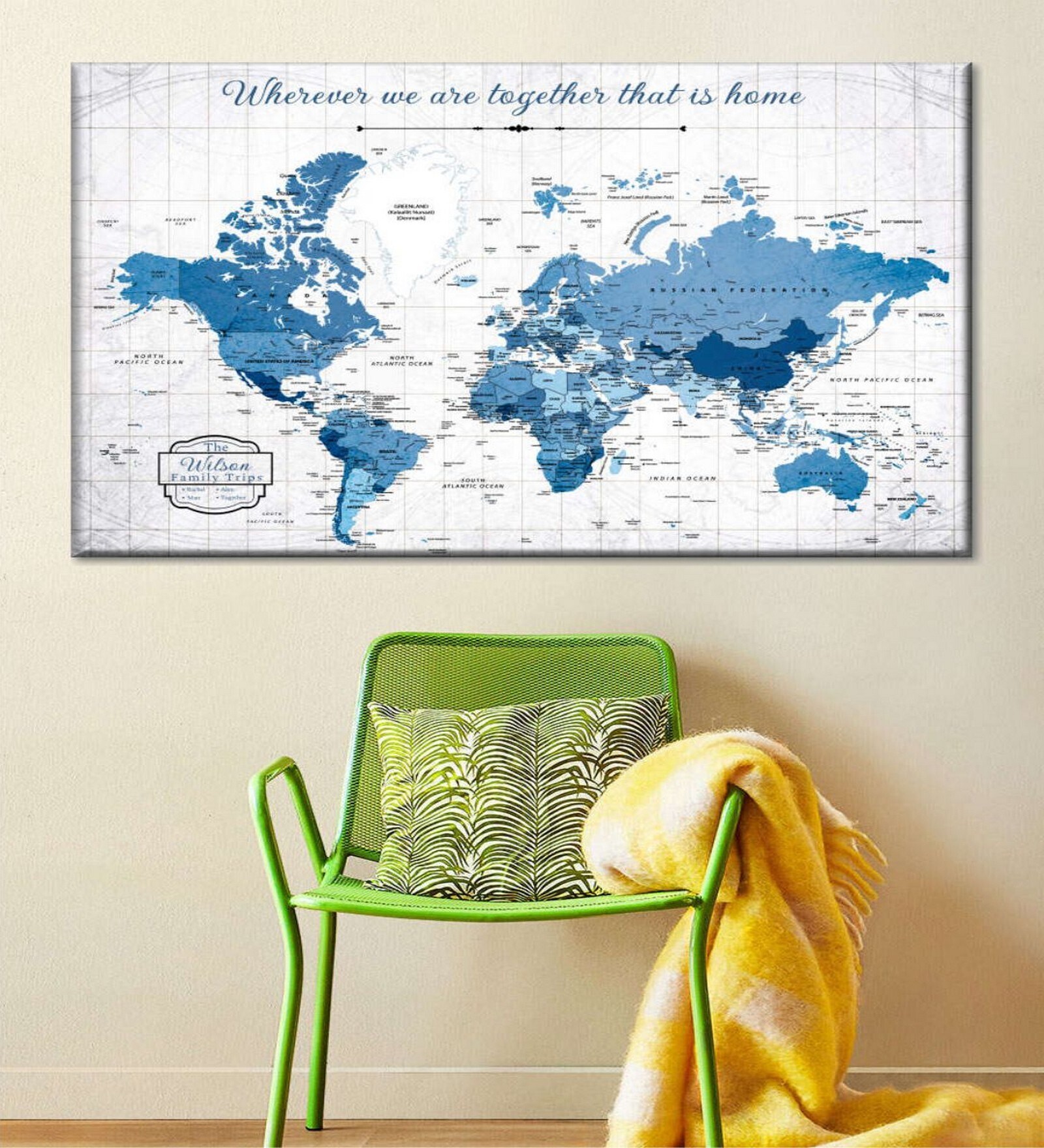 White Blue World Map Printed Wall Art
