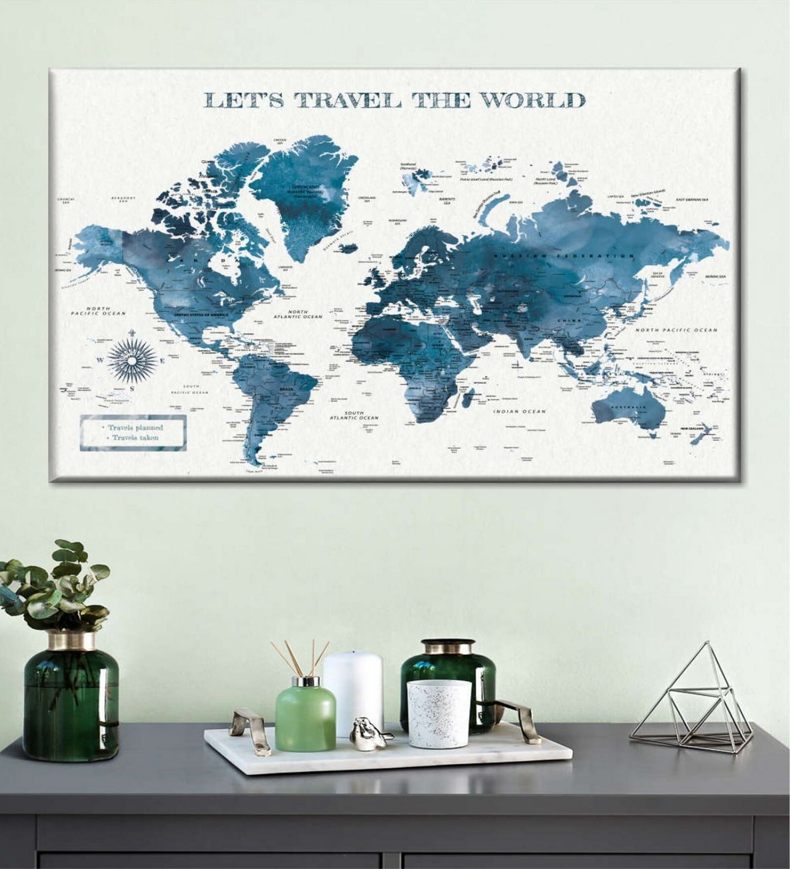 White Blue World Map Wall Art