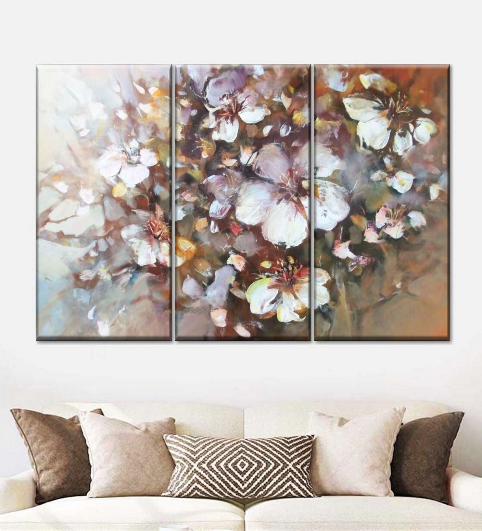 White Brown Abstract Almonds Blossom Painting Wall Art Panels ( Set Of 3)