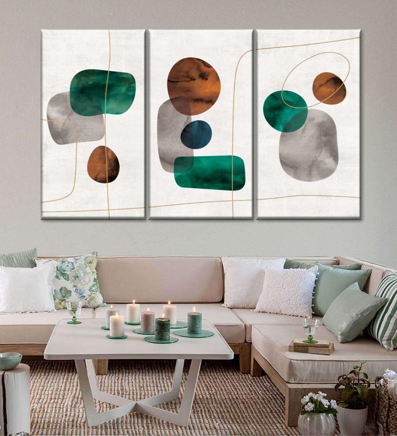 White Green Emerald And Amber Shapes Painting Wall Art Panels ( Set Of 3)