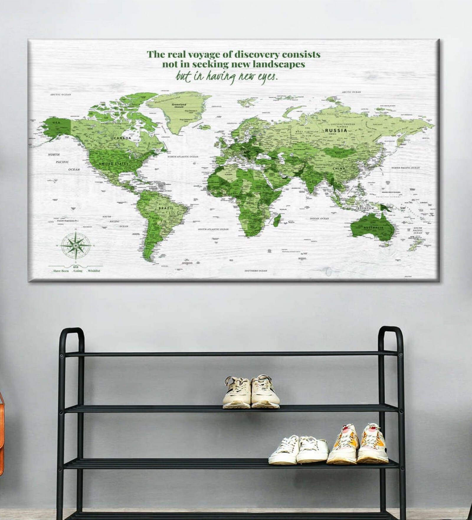 White Green World Map Painting Wall Art