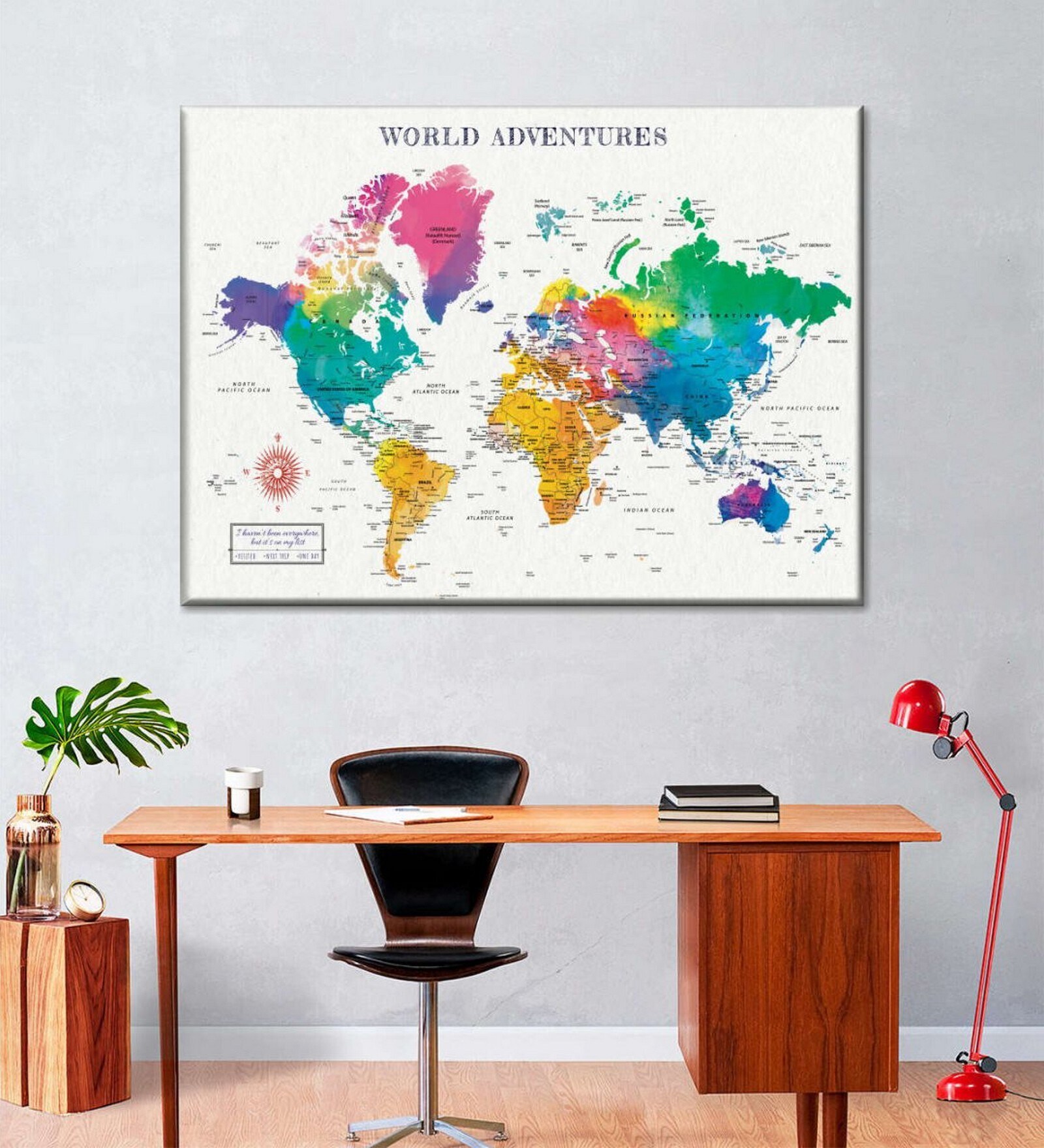 White Green World Map Painting Wall Art