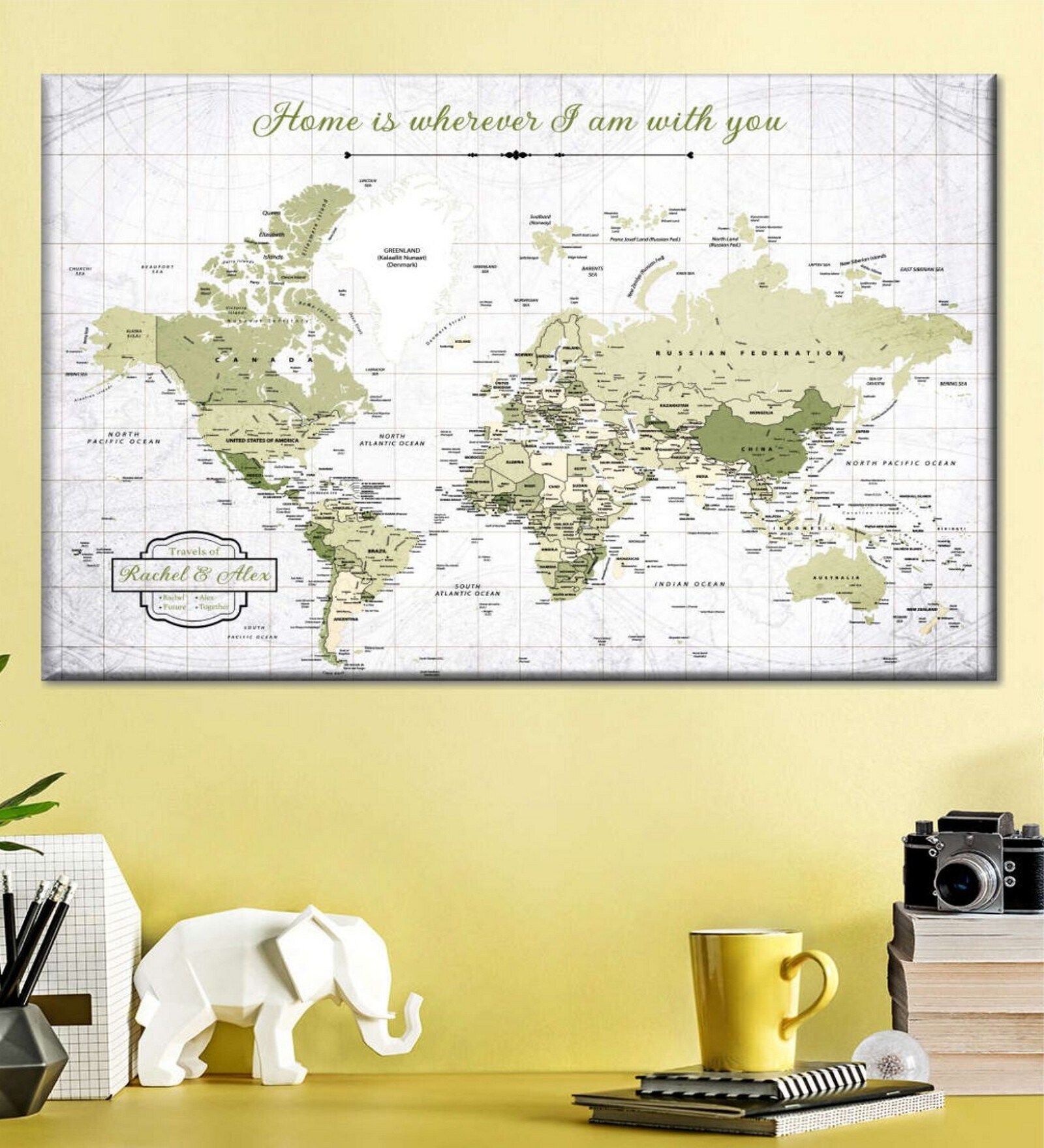 White Green World Map Wall Art