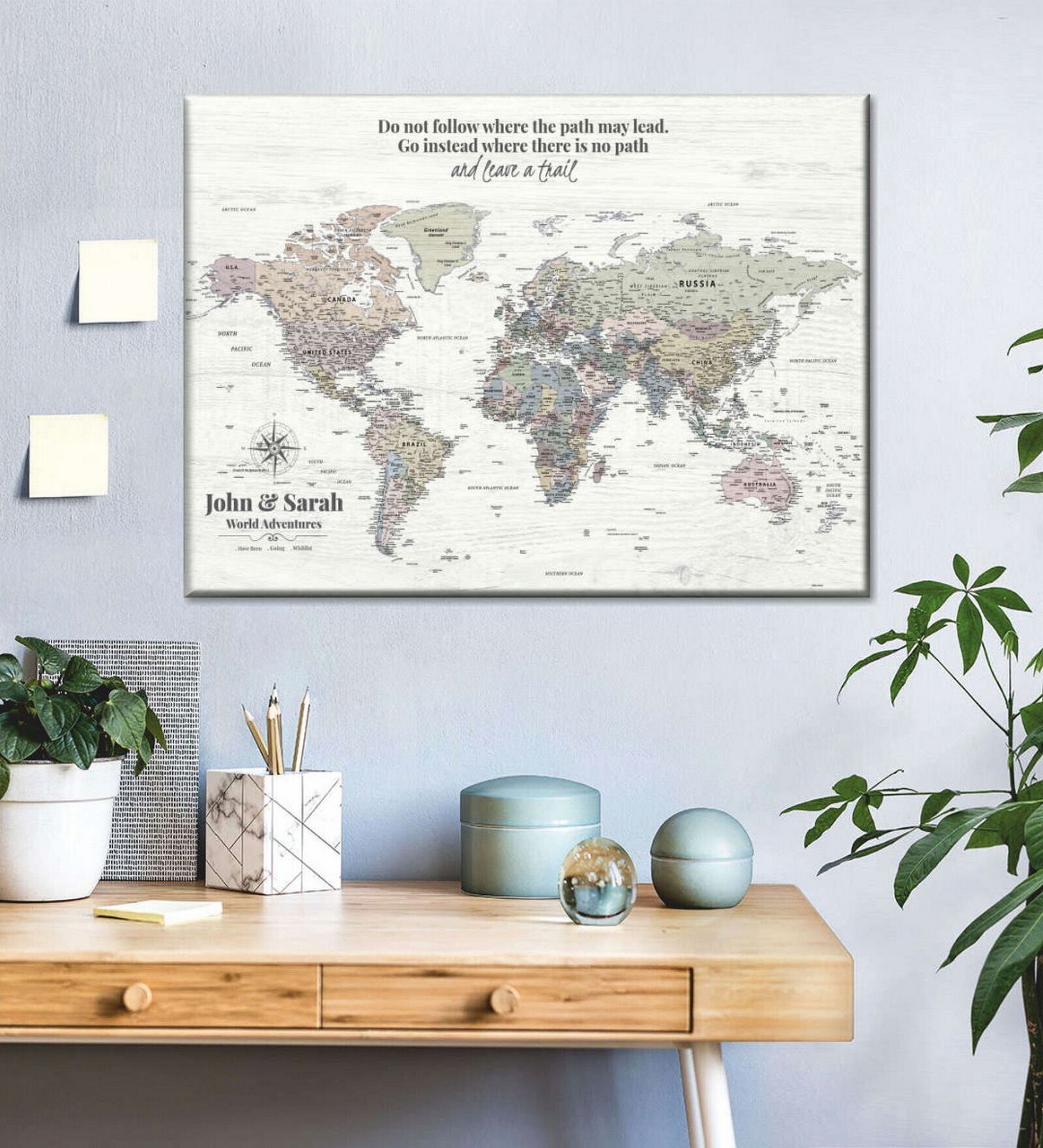 White Grey World Map Printed Framed Wall Art