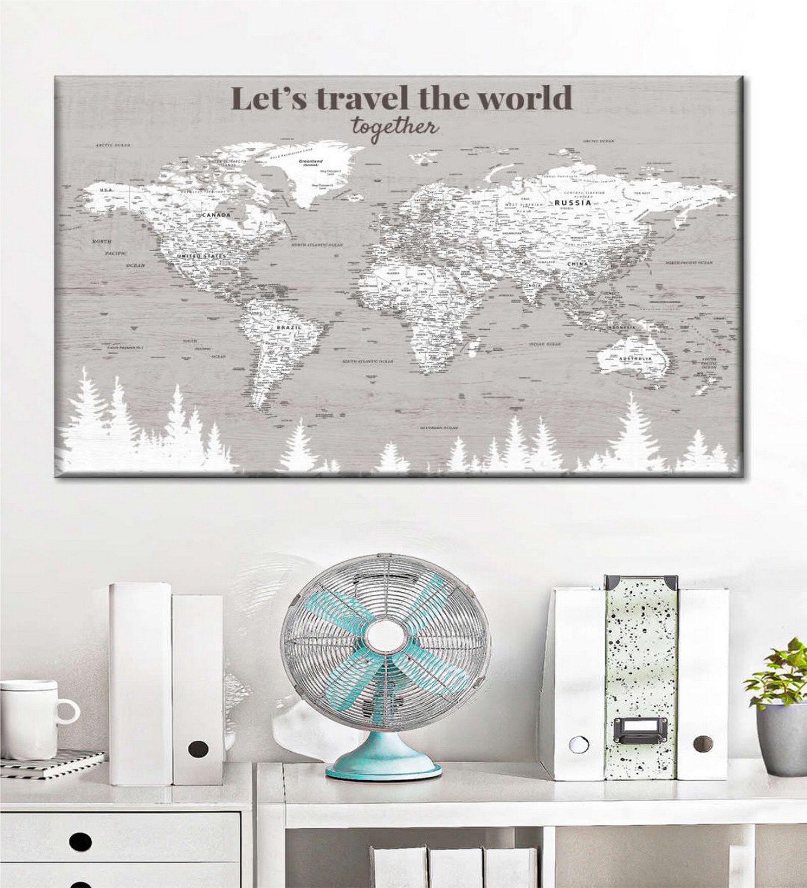 White Grey World Map Printed Framed Wall Art