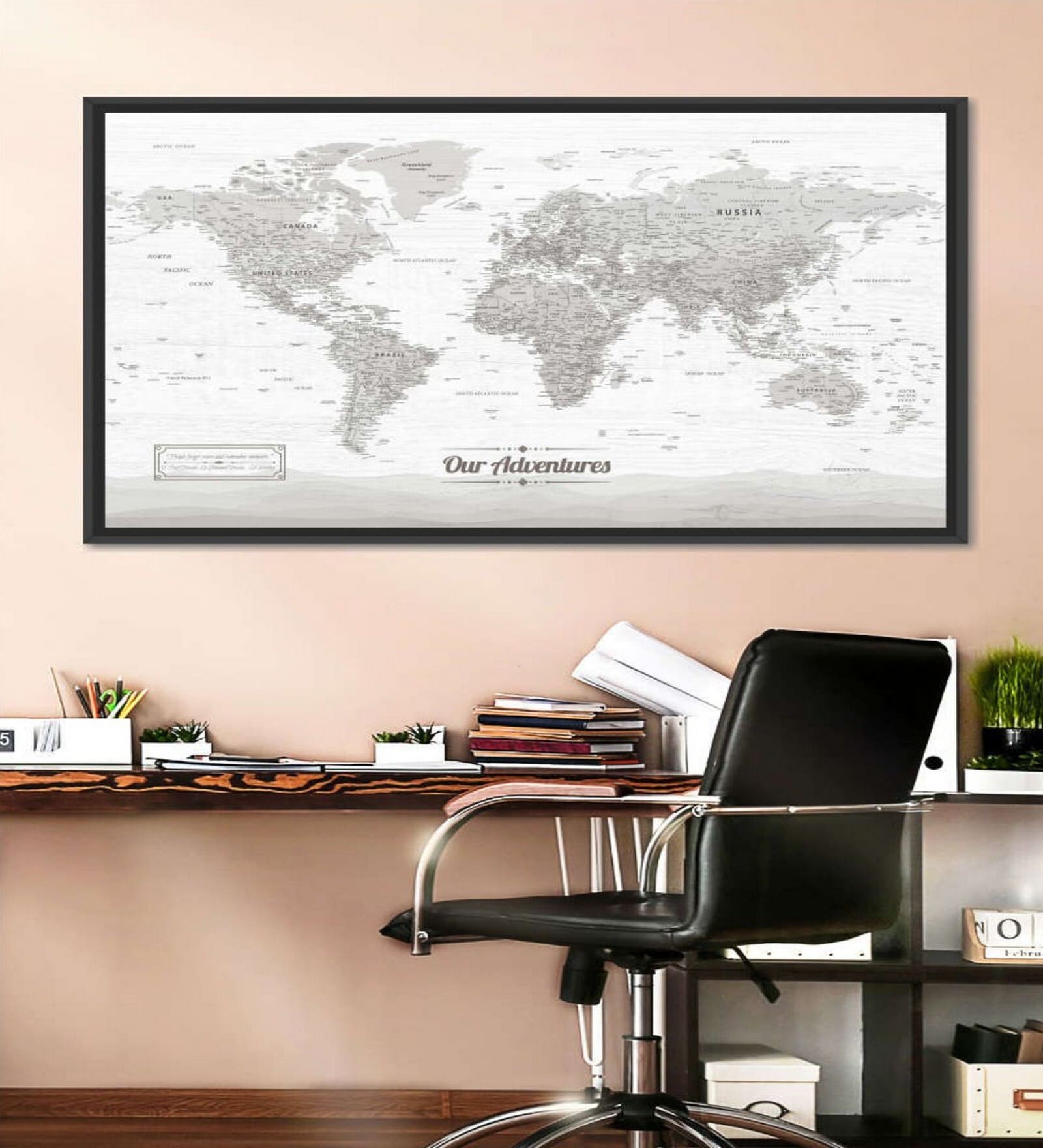 White Grey World Map Printed Wall Art