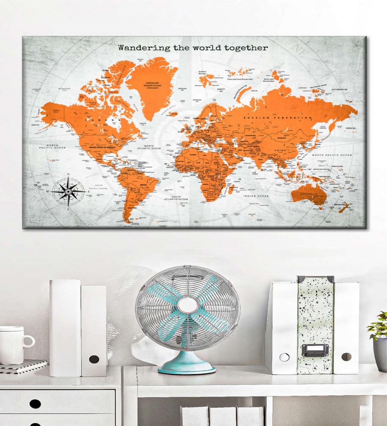 White Orange World Map Printed Framed Wall Art