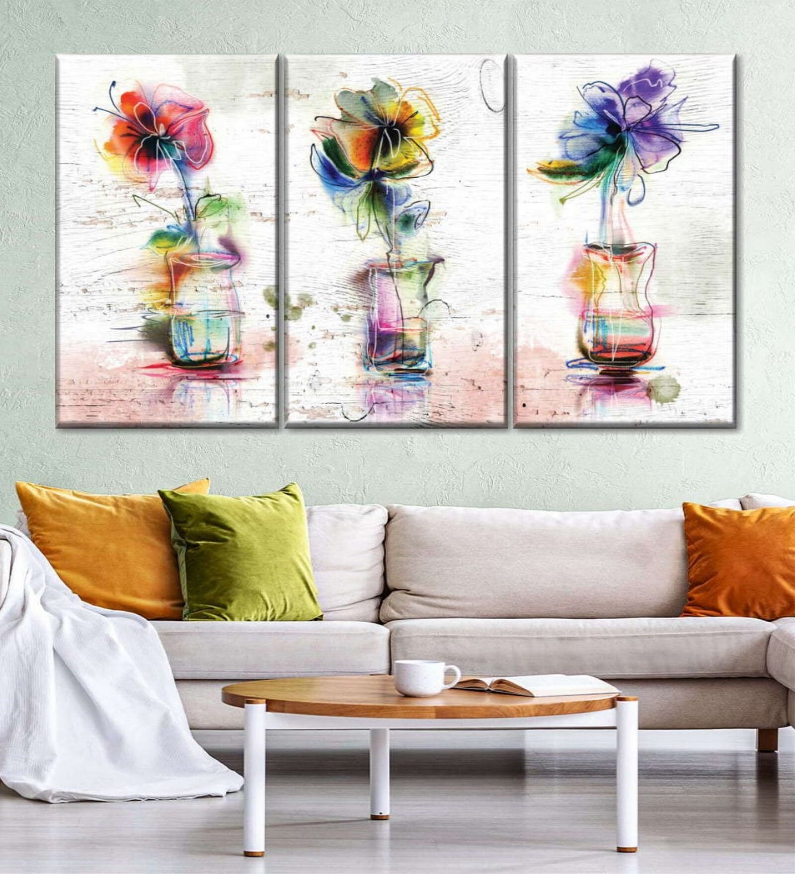 White Rustic Colorful Flowers Painting Wall Art Panels ( Set Of 3)