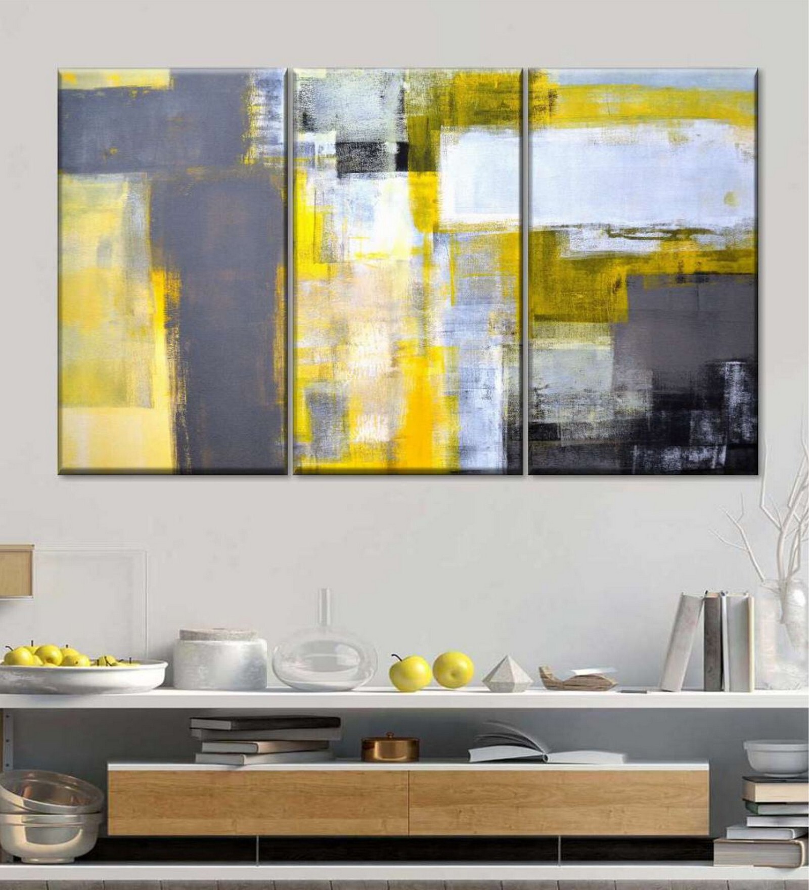 Yellow Grey Painting Wall Art Panels ( Set Of 3)