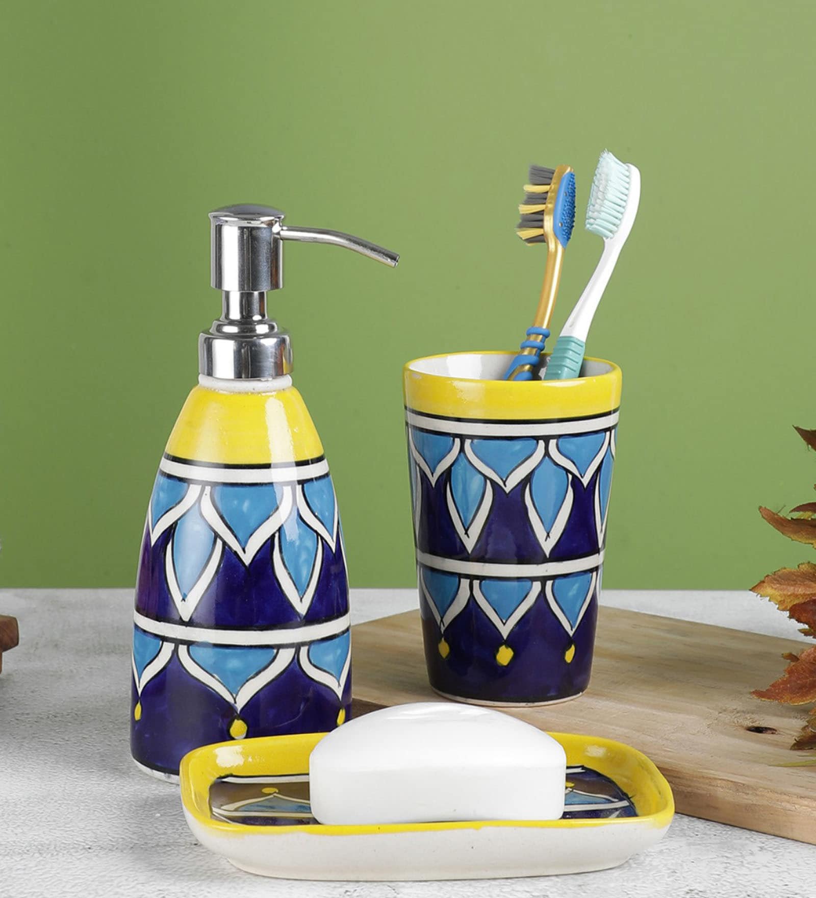 Potter's Touch Blue & Yellow Ceramic (Set of 3) Bath Accessory Set