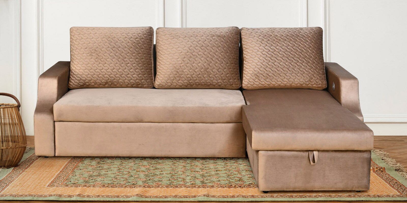 Portland Fabric Pull Out Sofa Cum Bed In Light Brown Colour With Storage