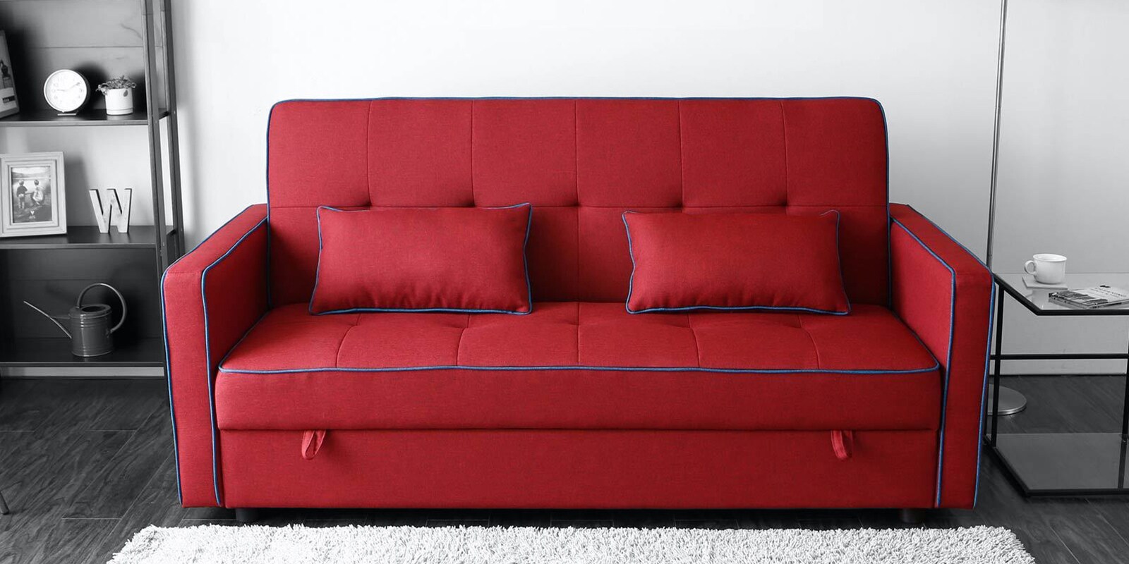 Porto Fabric Convertible Sofa Cum Bed In Maroon Colour With Storage