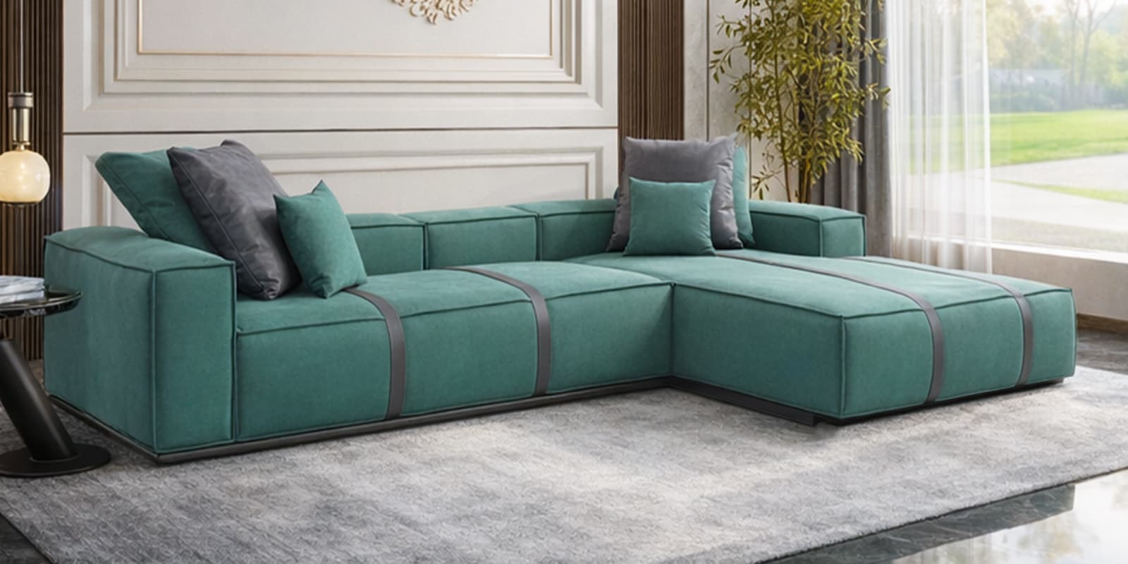 Portofino Chenille Fabric LHS Sectional Sofa in Pine Green Colour
